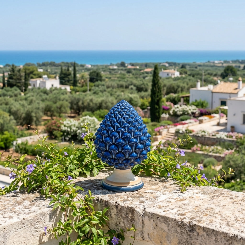 Caltagirone handmade pinecone modeled by hand height 15/35 Blue and orange