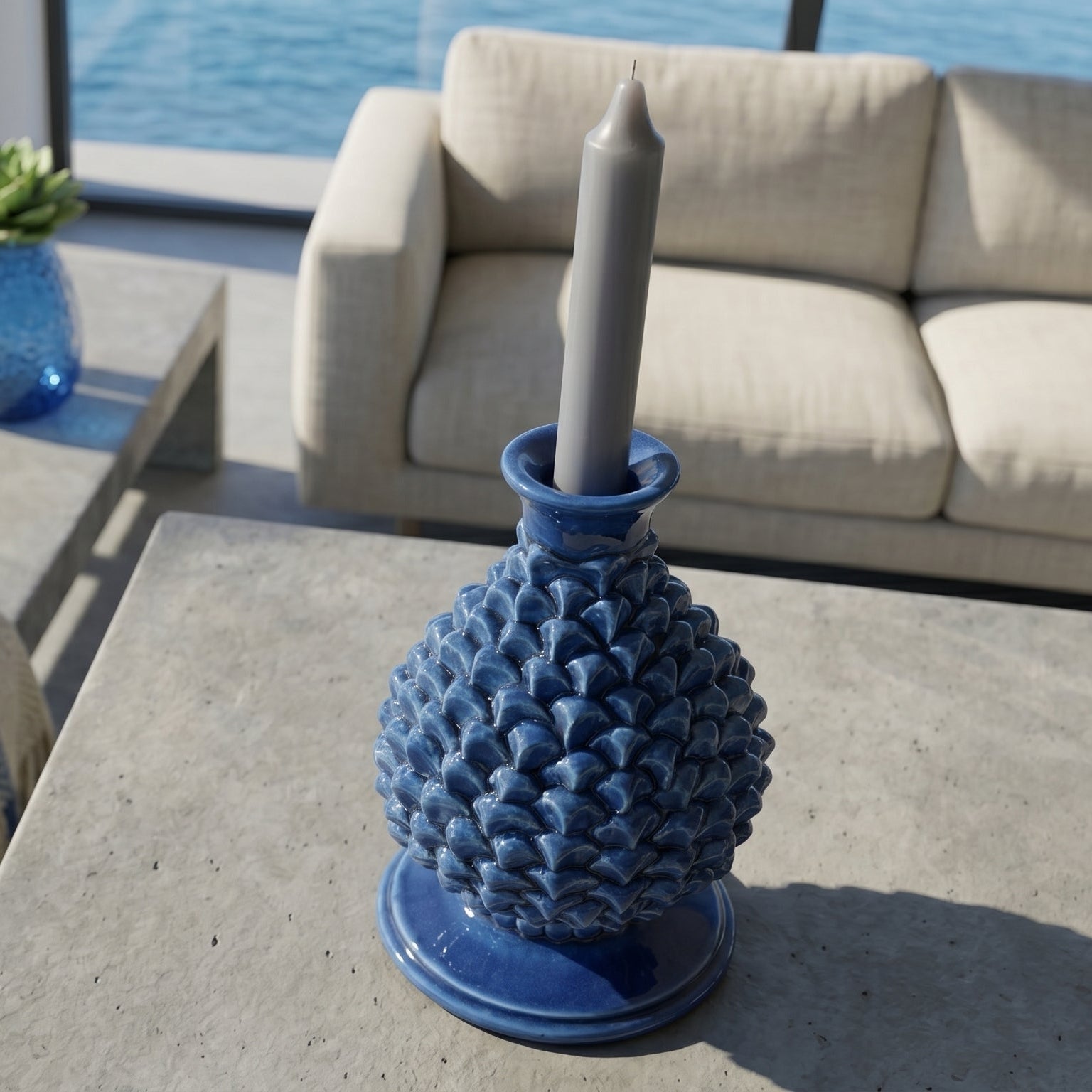 Sicilian Pine Cone Candle Holder H 18 cm / 7.1", Deep Blue – Sicilian tradition from Caltagirone