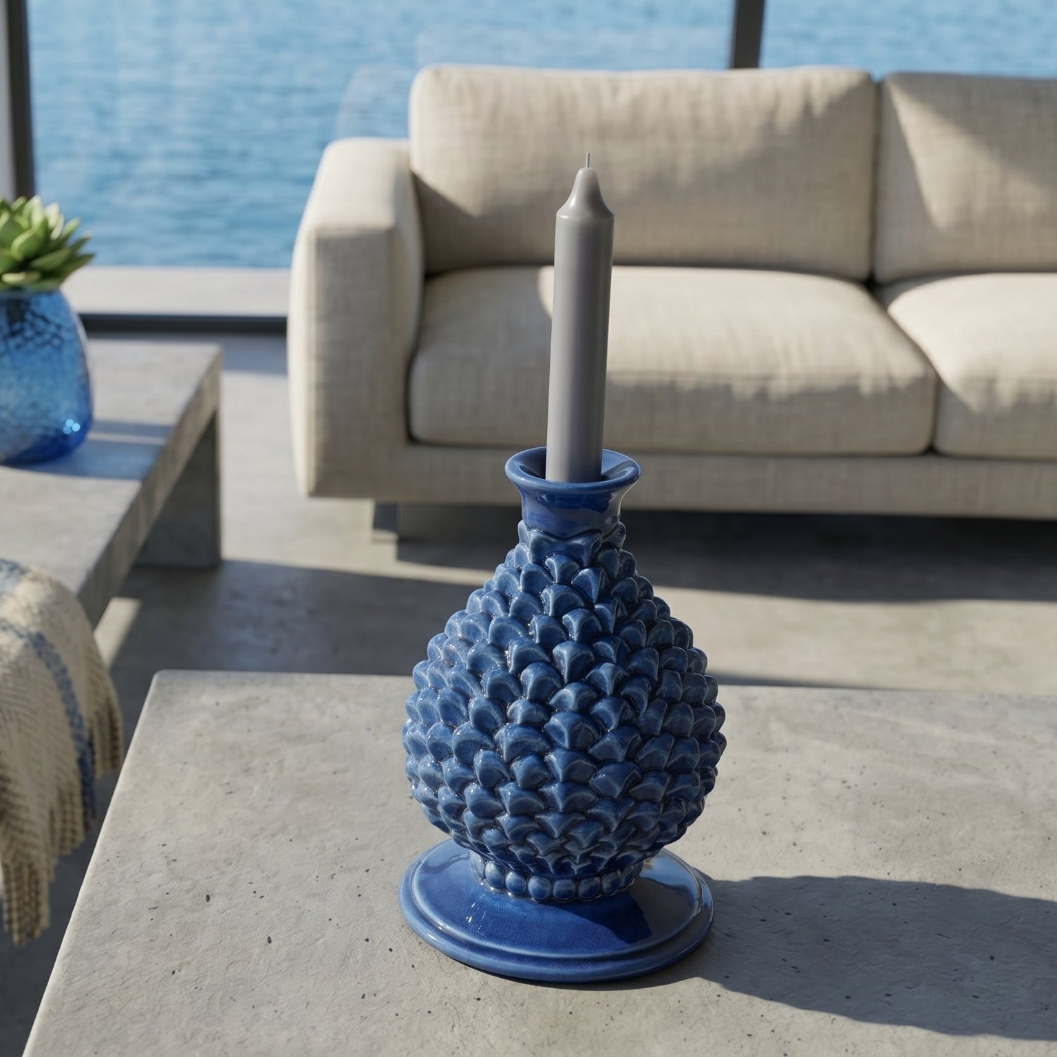 Sicilian Pine Cone Candle Holder H 18 cm / 7.1", Deep Blue – Sicilian tradition from Caltagirone