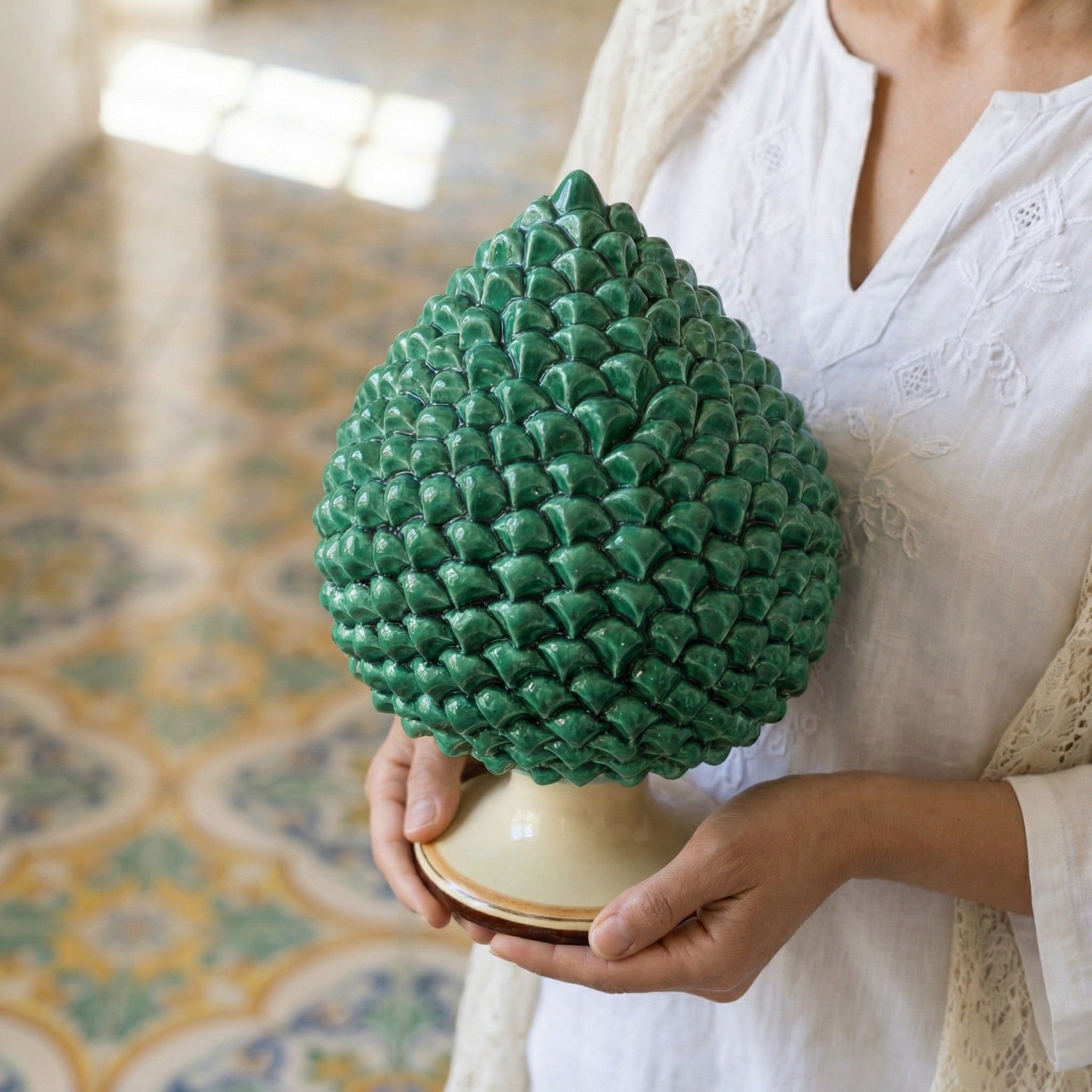 Caltagirone handmade pinecone modeled by hand height 25/40 green/orange