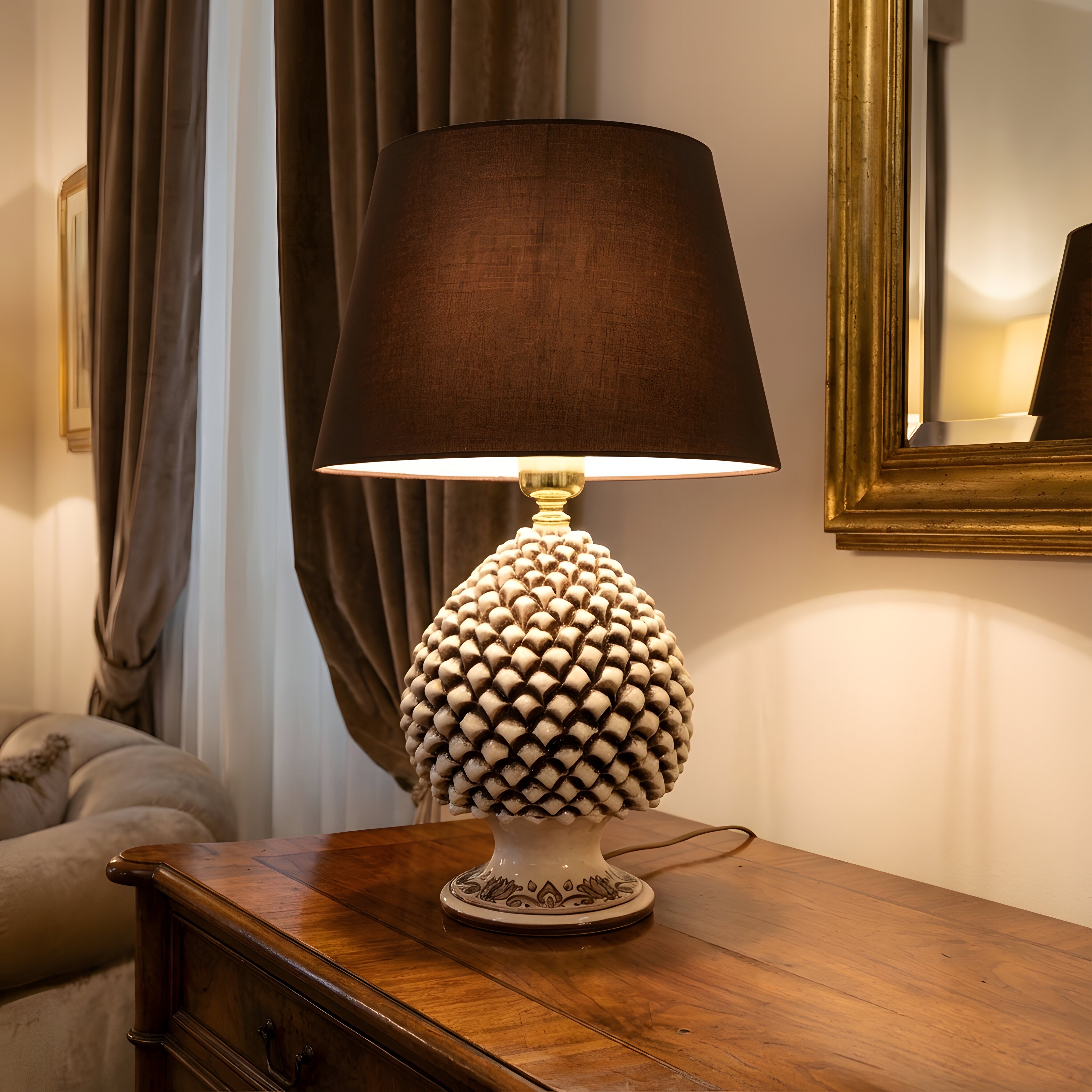 Handcrafted pine cone lamp with antique mother-of-pearl finish