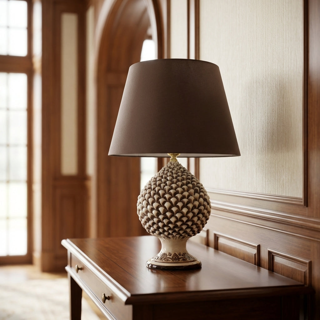 Handcrafted pine cone lamp with antique mother-of-pearl finish
