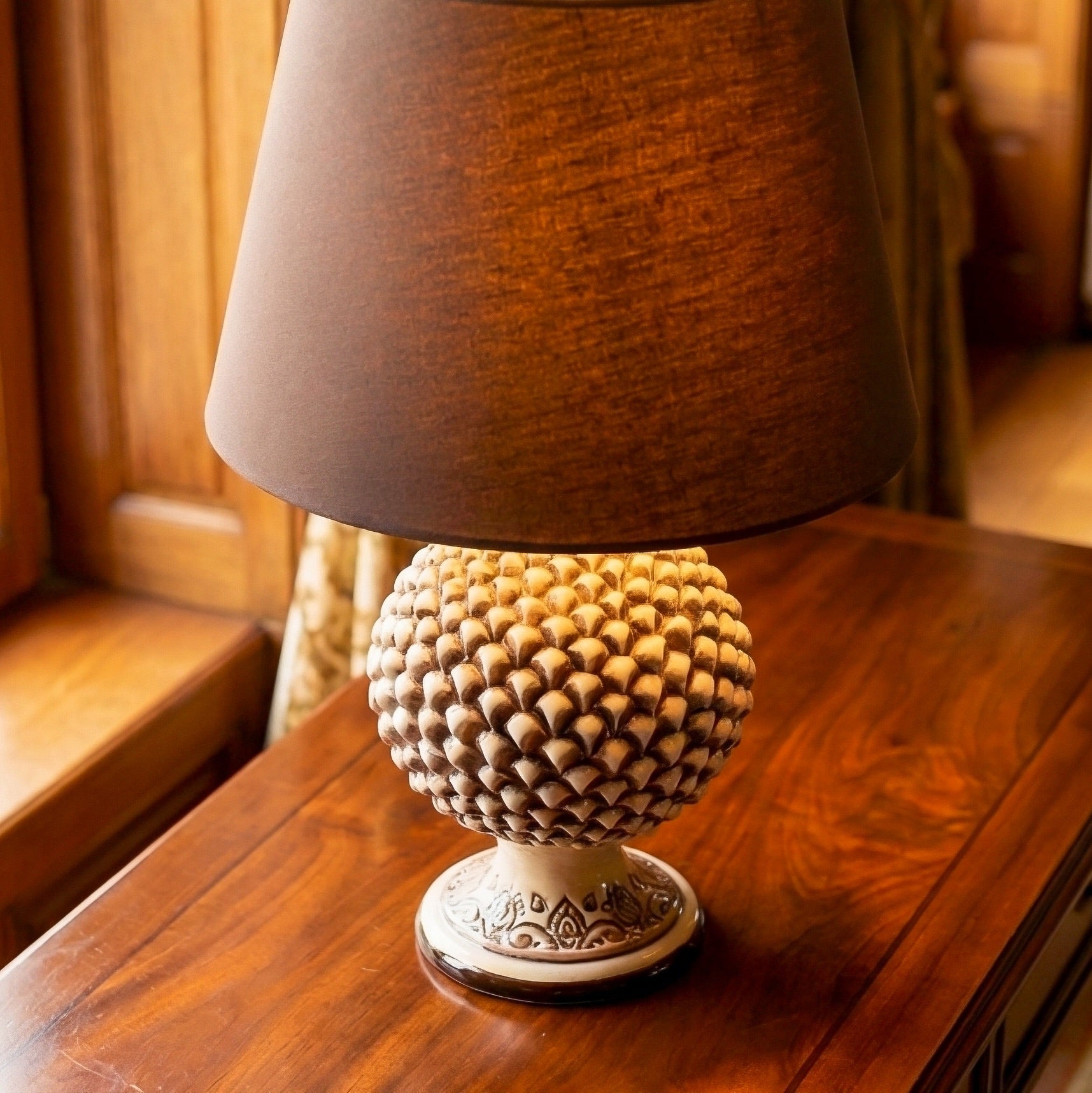 Handcrafted pine cone lamp with antique mother-of-pearl finish