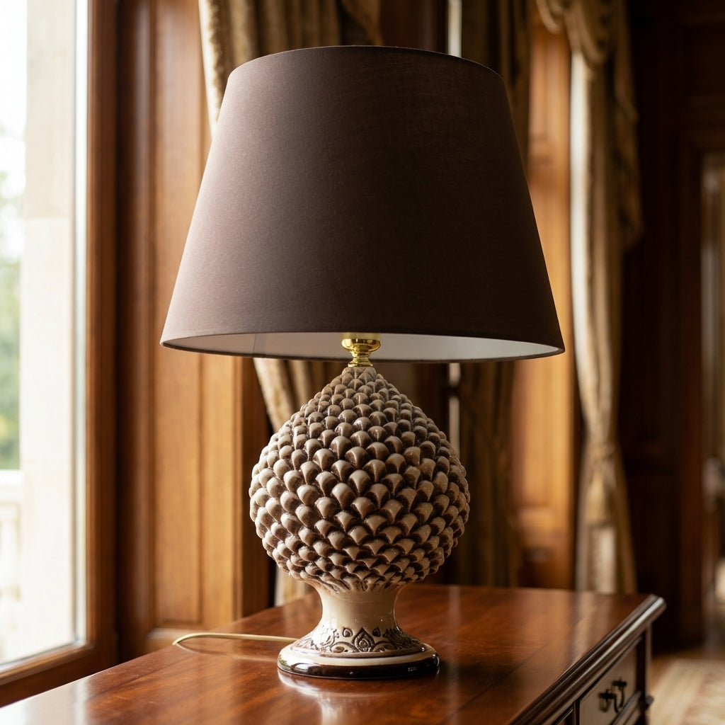 Handcrafted pine cone lamp with antique mother-of-pearl finish