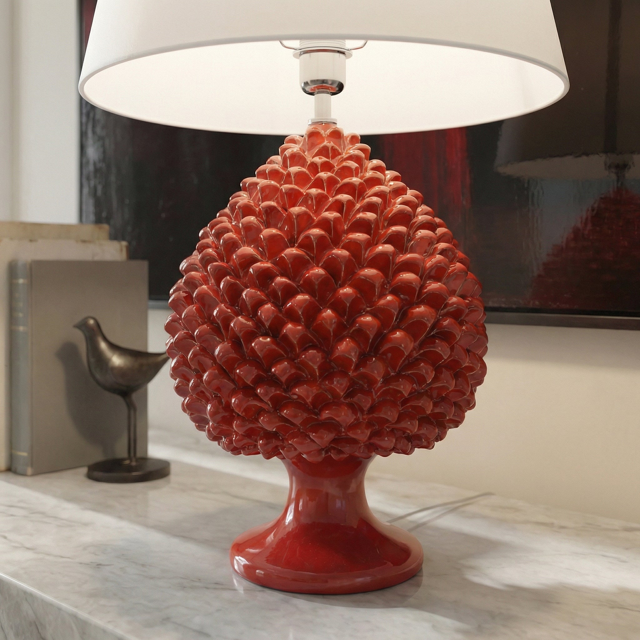Sicilian Pine Cone Lamp, Fire Red – Caltagirone Ceramic – Italian ceramic lamp tradition