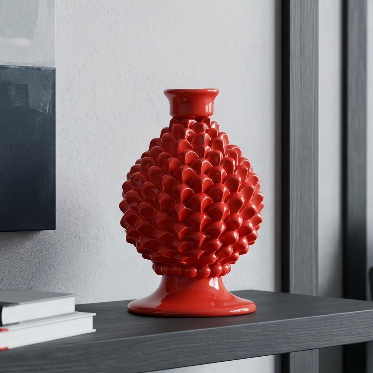 Sicilian Pine Cone Candle Holder H 18 cm / 7.1", Fire Red – Sicilian tradition from Caltagirone