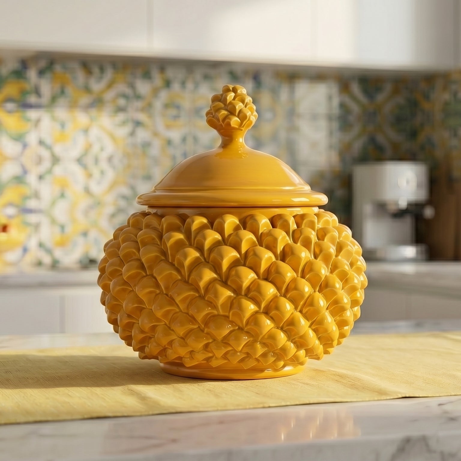 Pine cone-shaped biscuit jar, Ø 20 cm, mustard-colored, in Caltagirone ceramic.