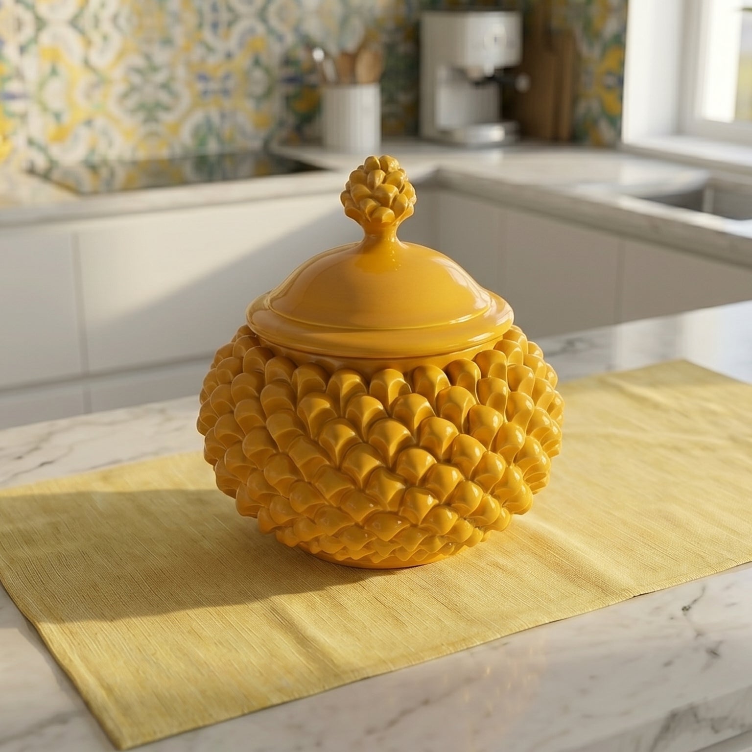 Pine cone-shaped biscuit jar, Ø 20 cm, mustard-colored, in Caltagirone ceramic.