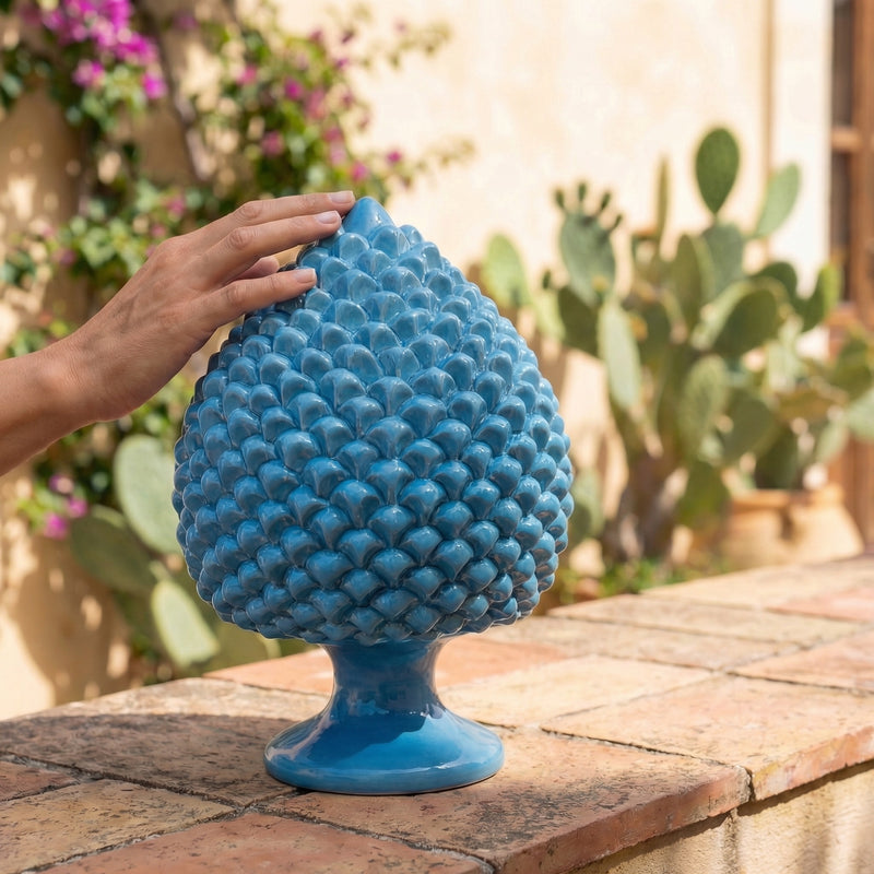 Italian Pine Cone Decoration H 15/40 cm / 6-16", Turquoise – Italian pine cone ceramic from Caltagirone, Sicily