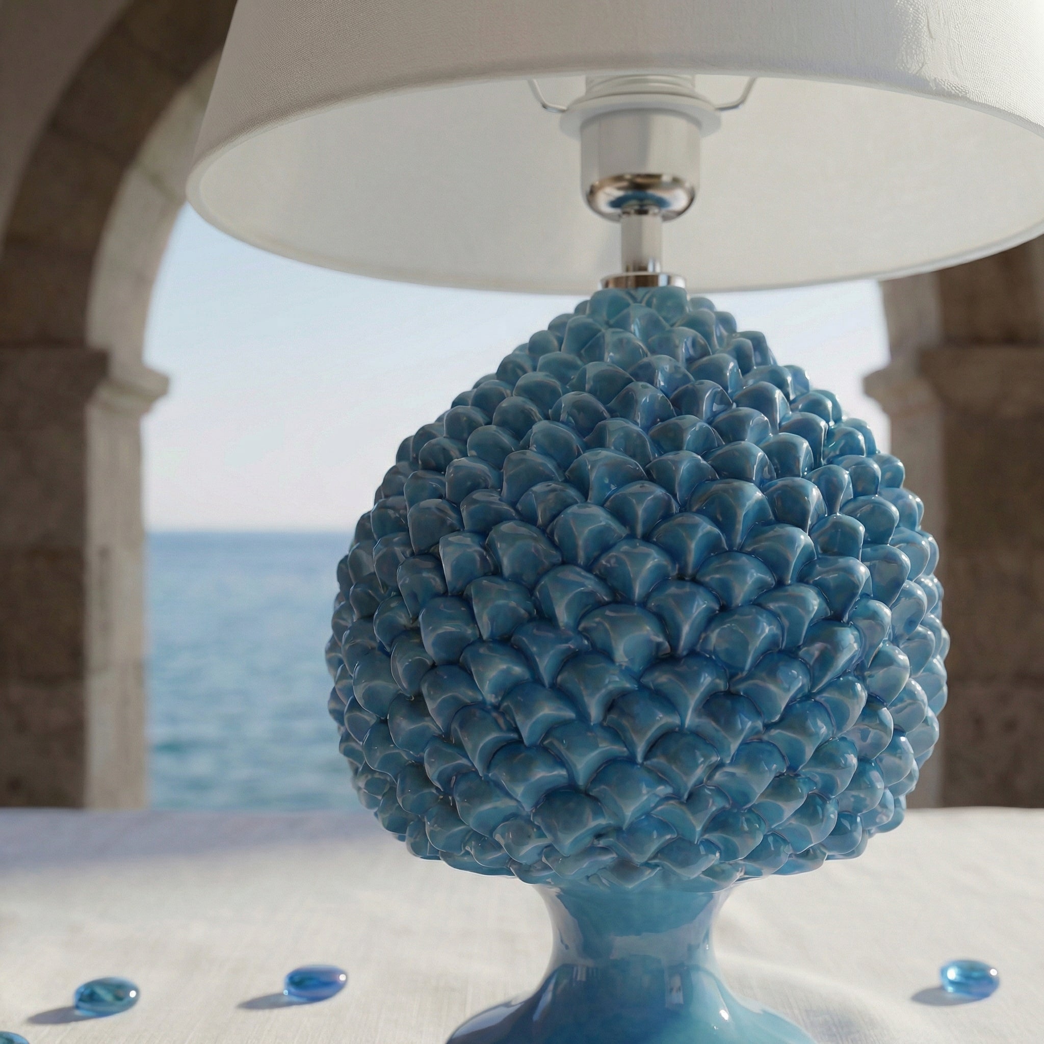 Sicilian Pine Cone Lamp, Turquoise – Sicilian ceramic lamp handcrafted in Caltagirone
