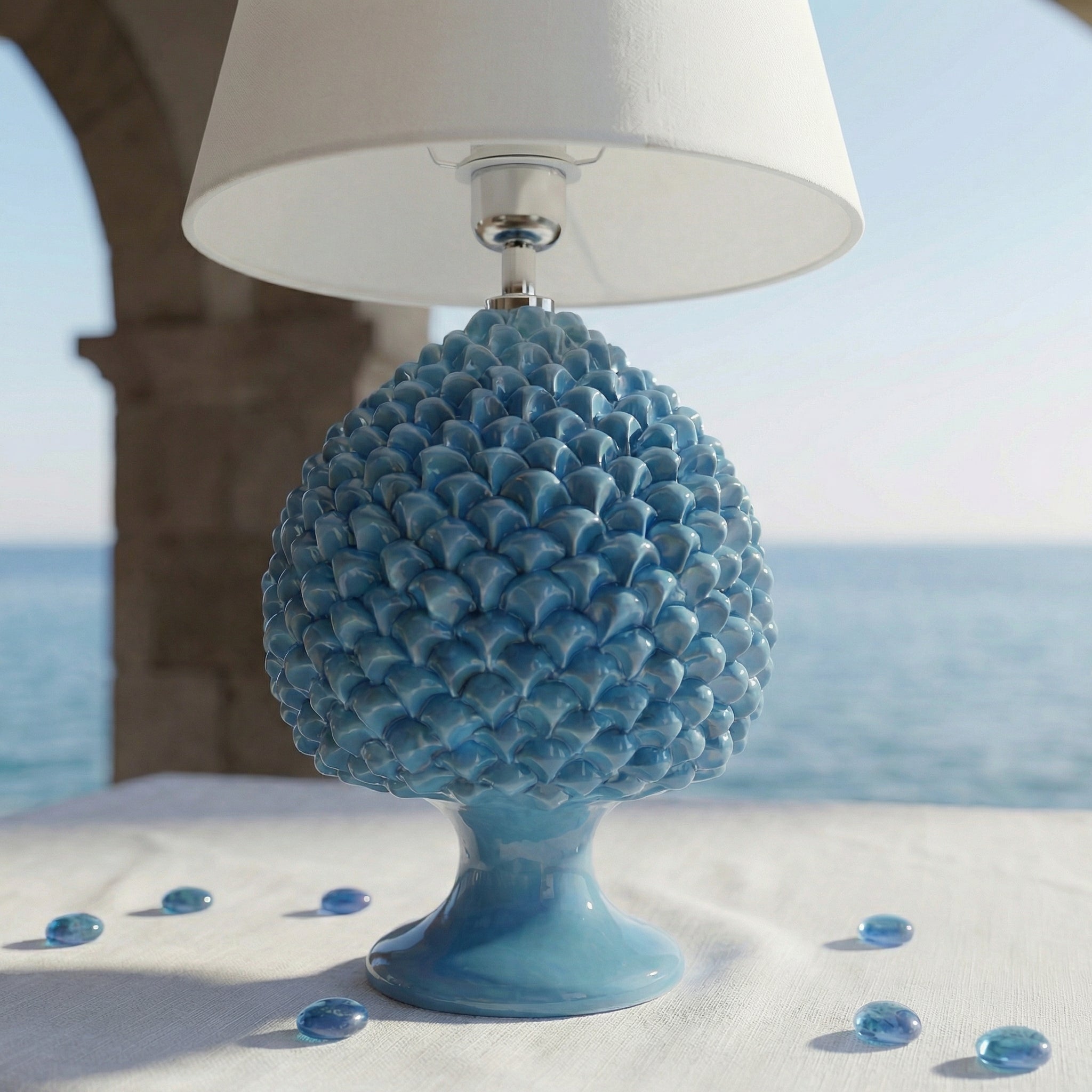Sicilian Pine Cone Lamp, Turquoise – Sicilian ceramic lamp handcrafted in Caltagirone