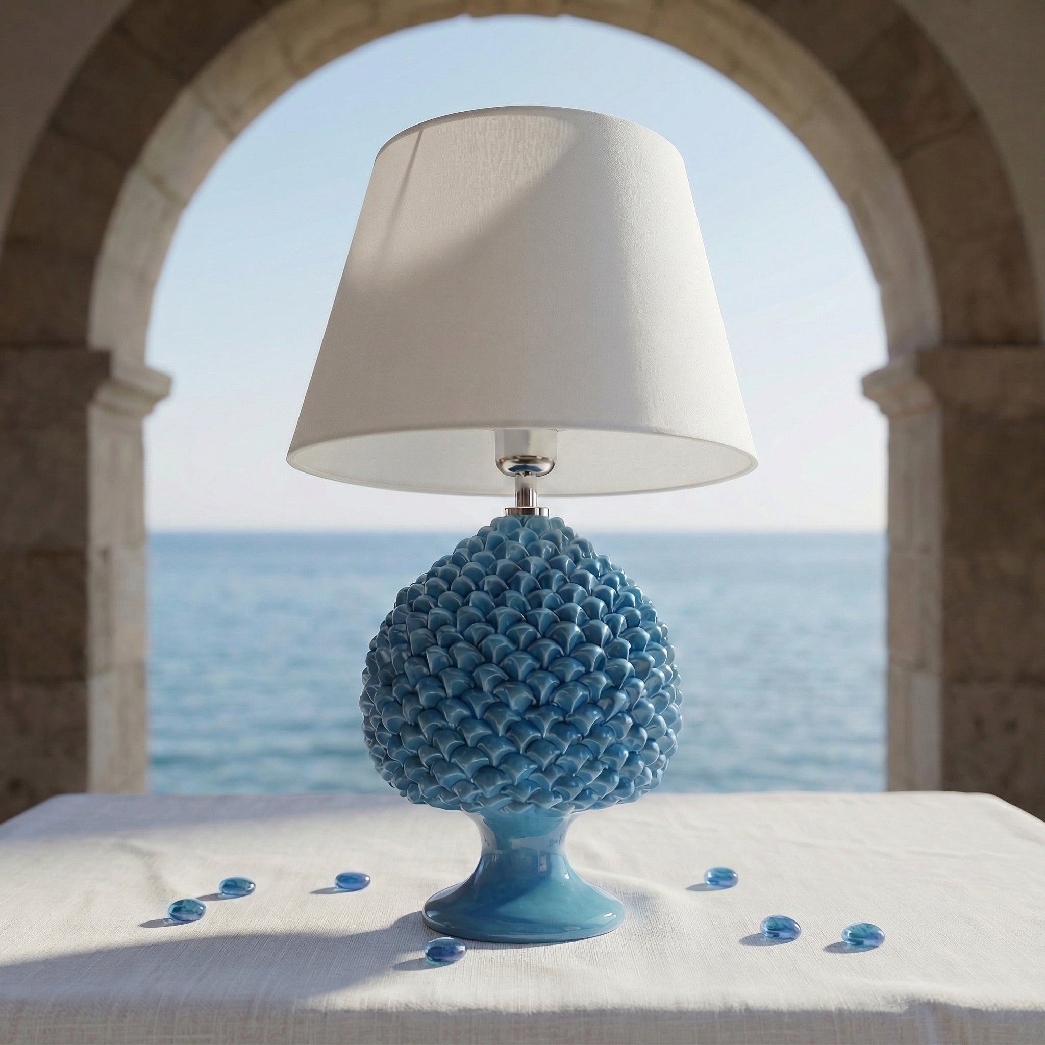 Sicilian Pine Cone Lamp, Turquoise – Sicilian ceramic lamp handcrafted in Caltagirone