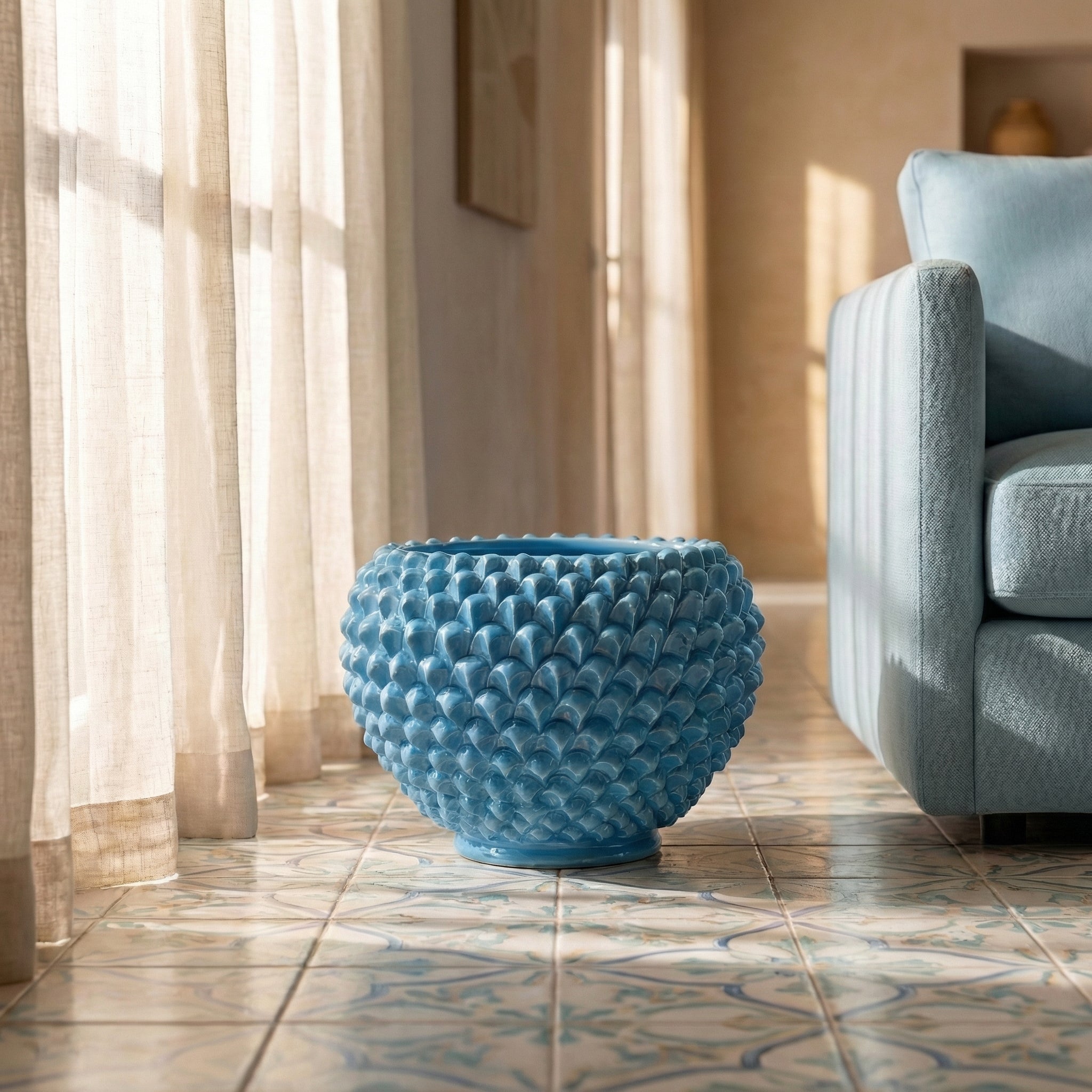 Pine Cone Cachepot, Turquoise – Italian ceramic from Caltagirone, Sicily
