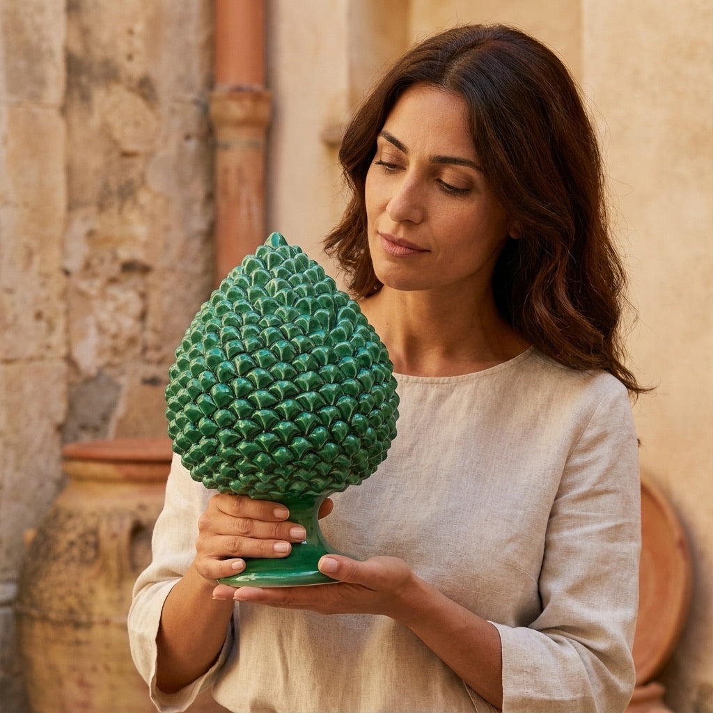 Caltagirone handmade pinecone modeled by hand height 25/40 in integral green