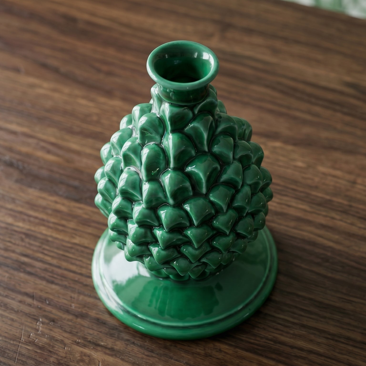 Sicilian Pine Cone Candle Holder H 18 cm / 7.1", Emerald Green – Italian pine cone ceramic from Caltagirone, Sicily