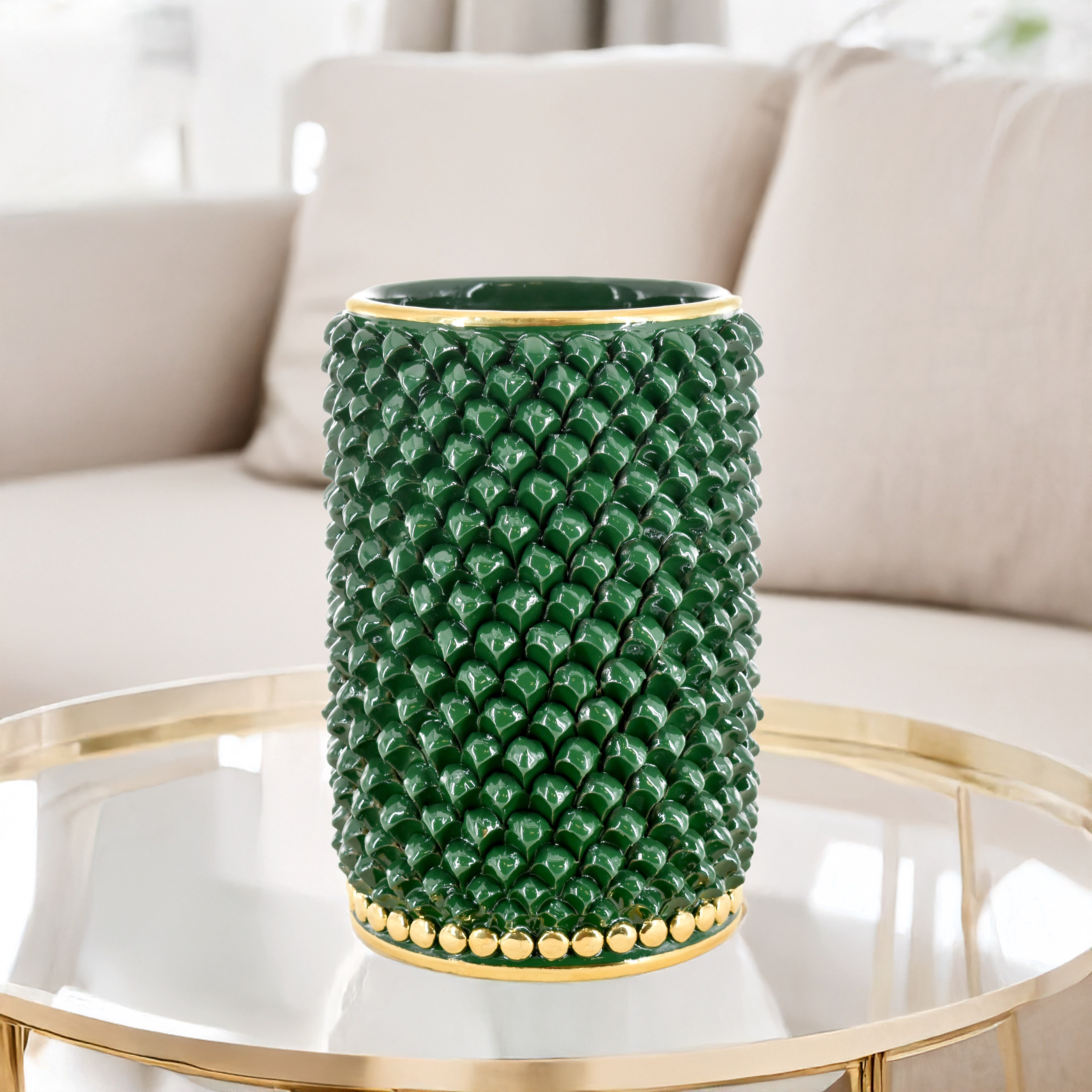 Hand-modeled pine cone cylinder vase in green and gold