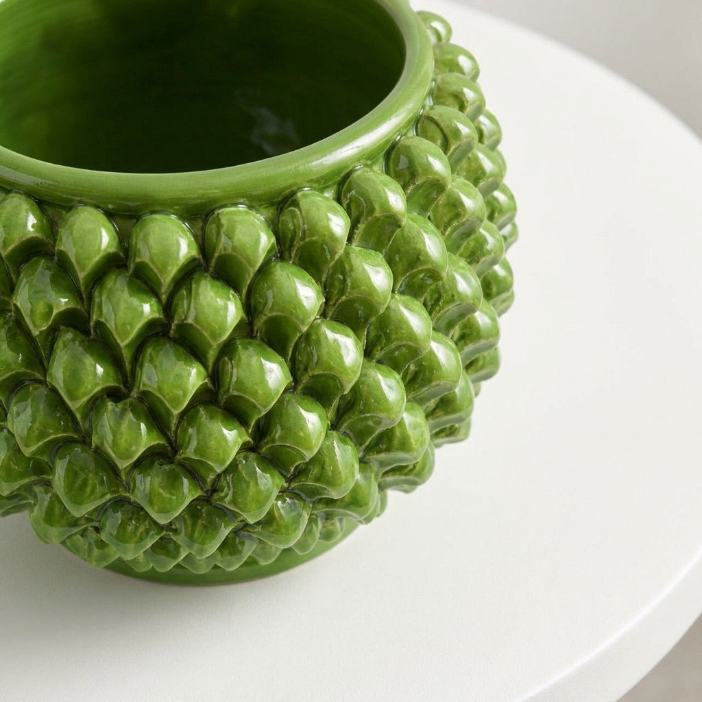 Caltagirone ceramic half pine cone vase without foot and green leaf