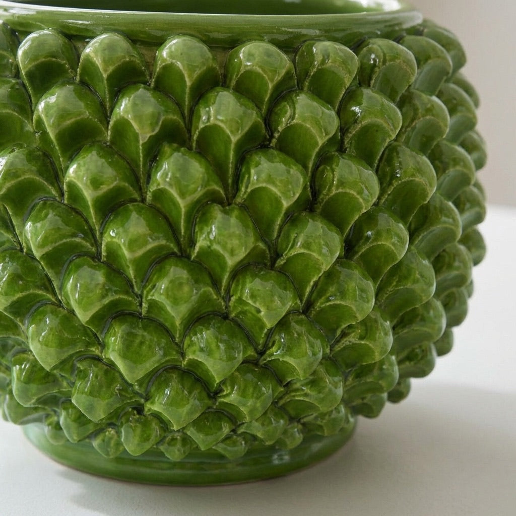 Caltagirone ceramic half pine cone vase without foot and green leaf