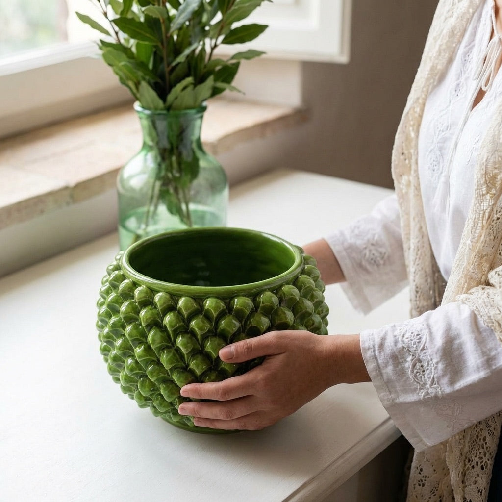 Caltagirone ceramic half pine cone vase without foot and green leaf