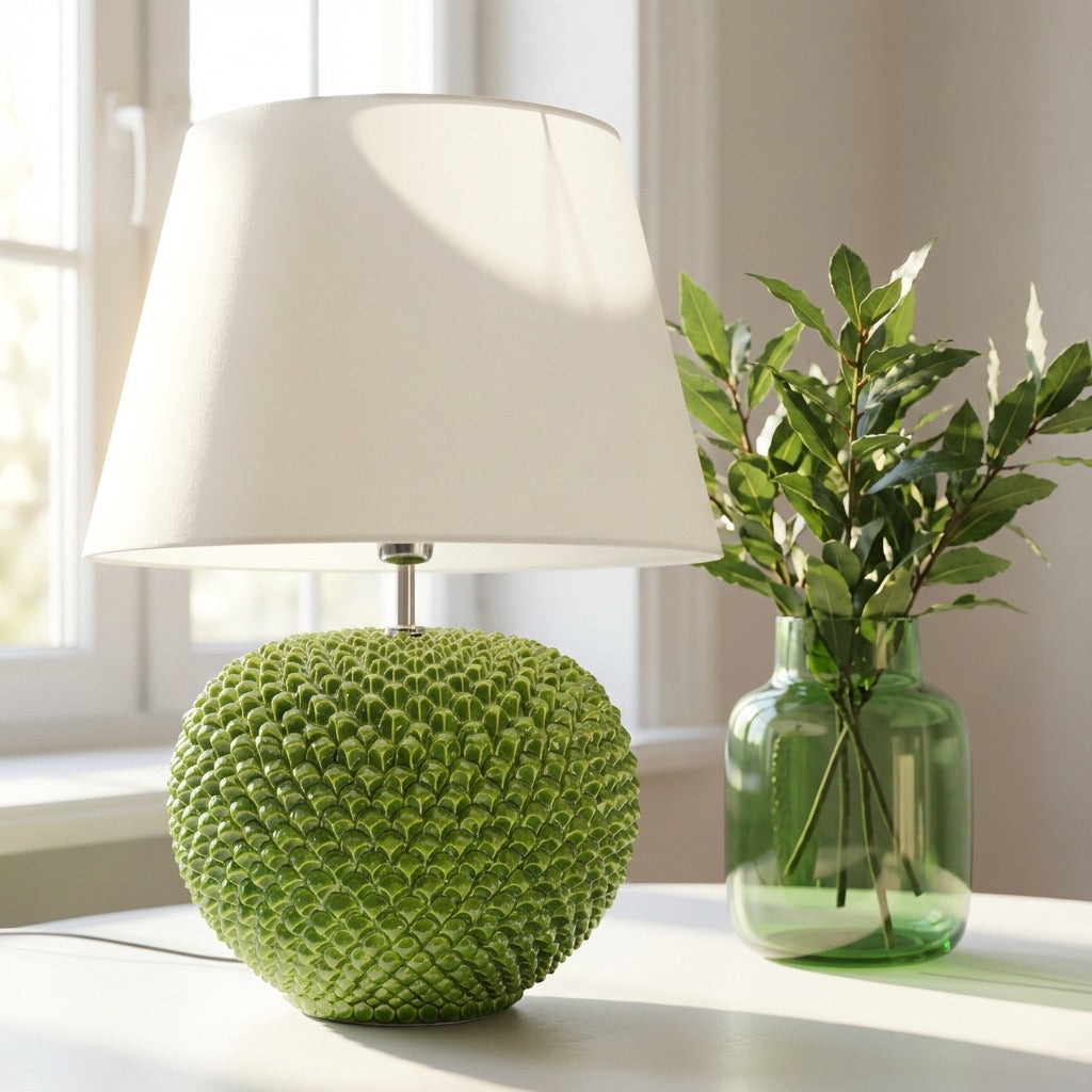 Pine cone ball lamp in various sizes, decorated in green leaf in Caltagirone ceramic.