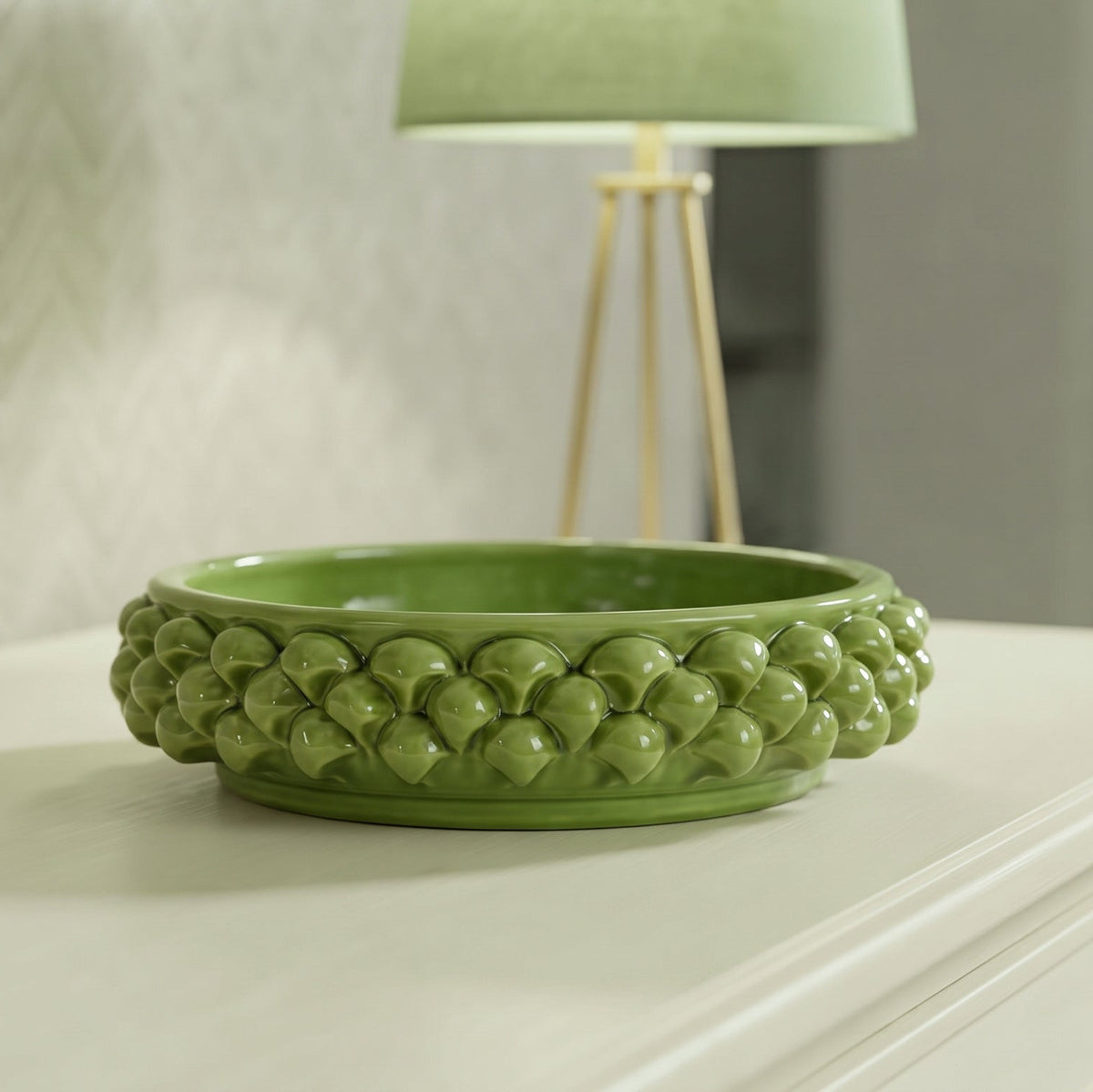 Sicilian Pine Cone Valet Tray Ø 22 cm / 8¾", Leaf Green – Sicilian tradition from Caltagirone