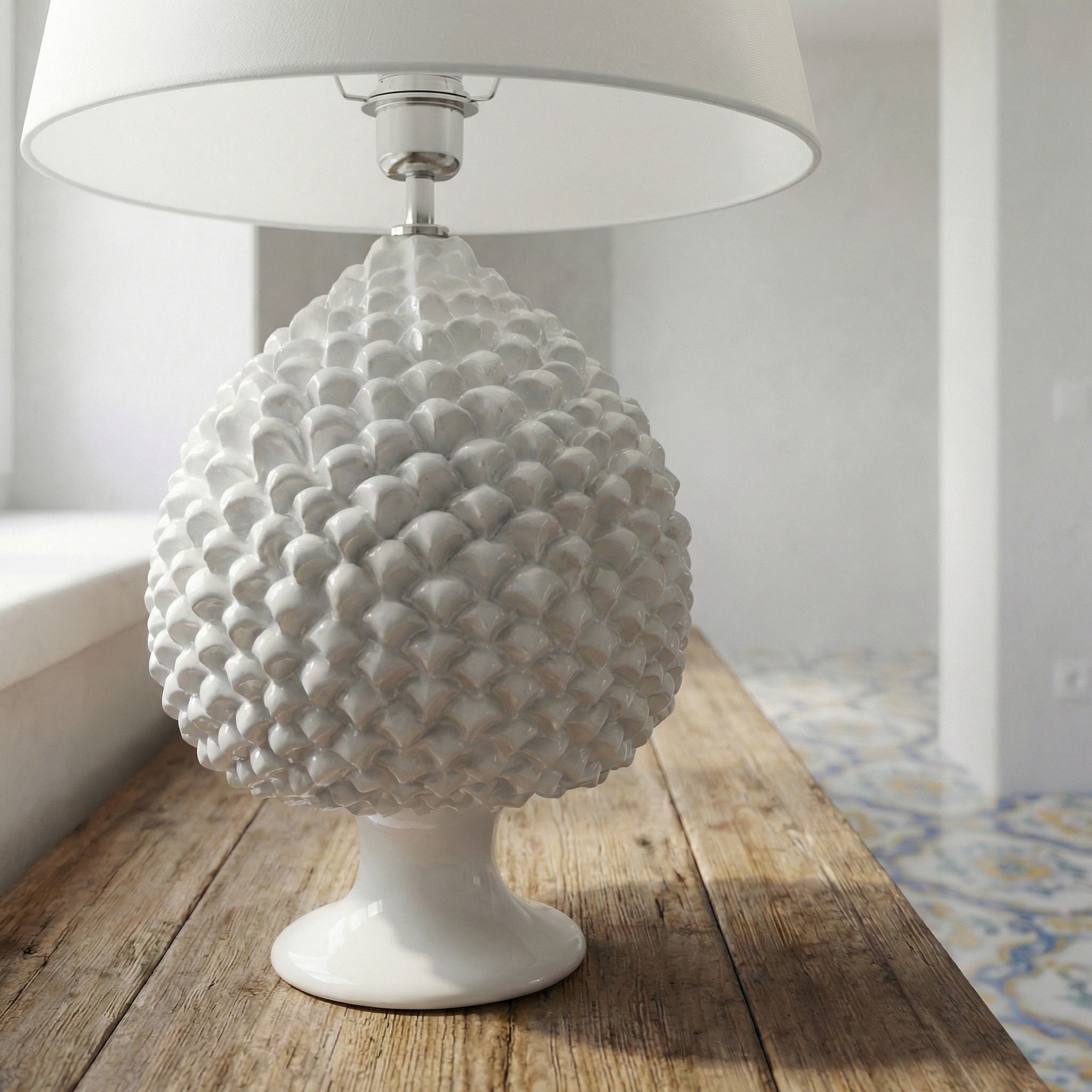 Sicilian Pine Cone Lamp, White Line – Italian ceramic from Caltagirone, Sicily