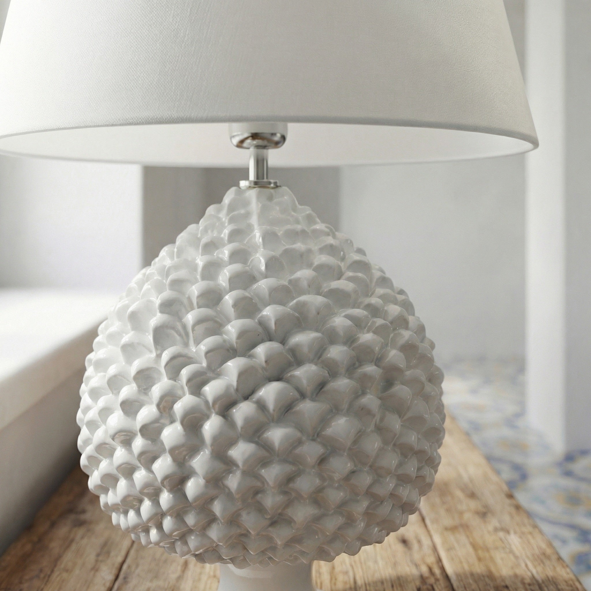 Sicilian Pine Cone Lamp, White Line – Italian ceramic from Caltagirone, Sicily