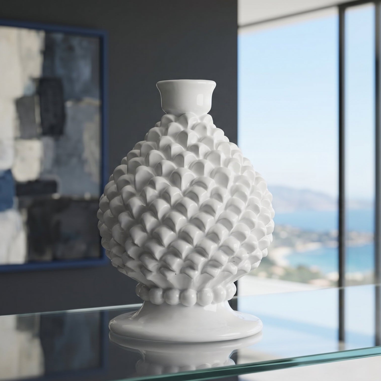 Sicilian Pine Cone Candle Holder H 18 cm / 7.1", White Line – Sicilian tradition from Caltagirone