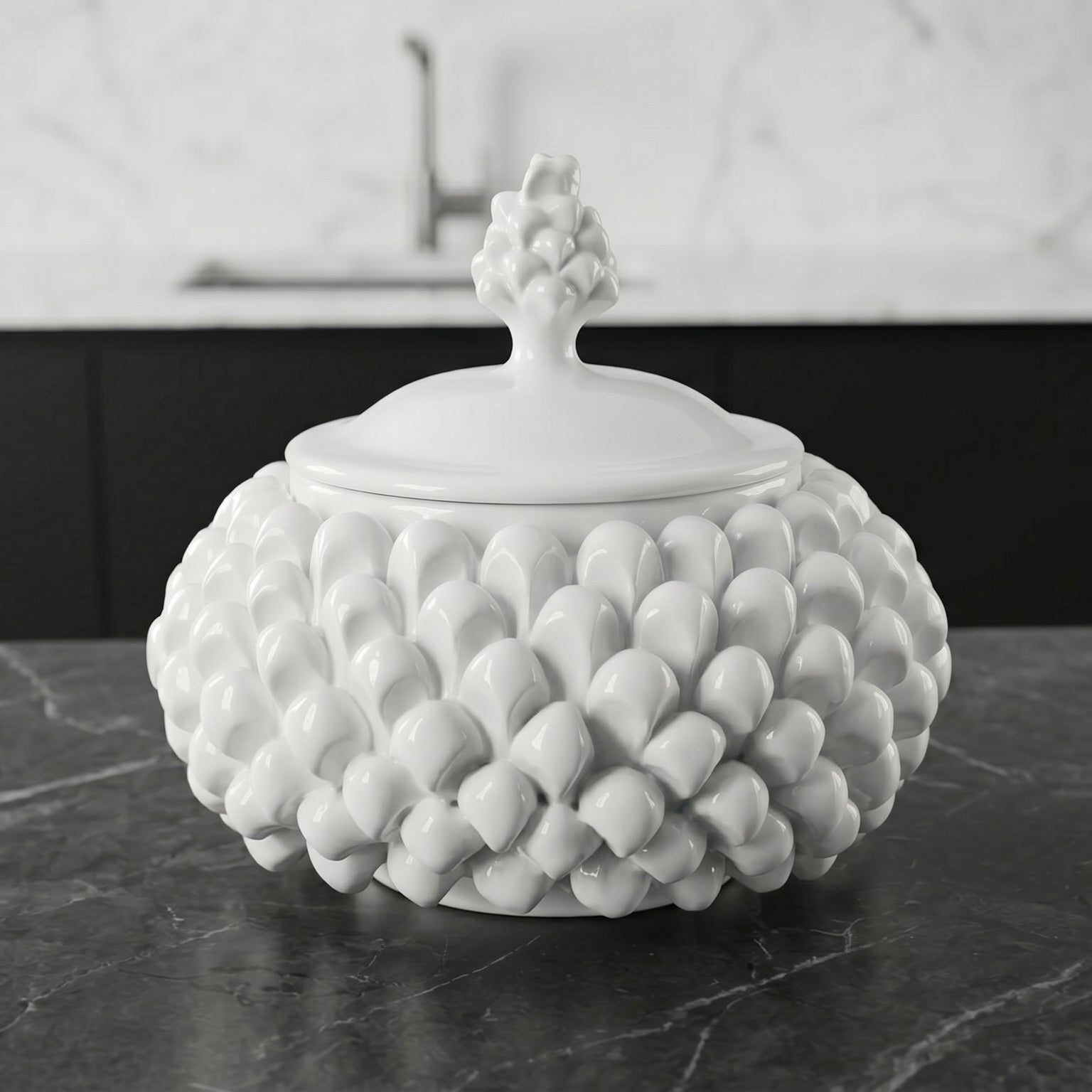 Sicilian Pine Cone Cookie Jar Ø 20 cm / Ø 7.9", White Line – Sicilian tradition from Caltagirone