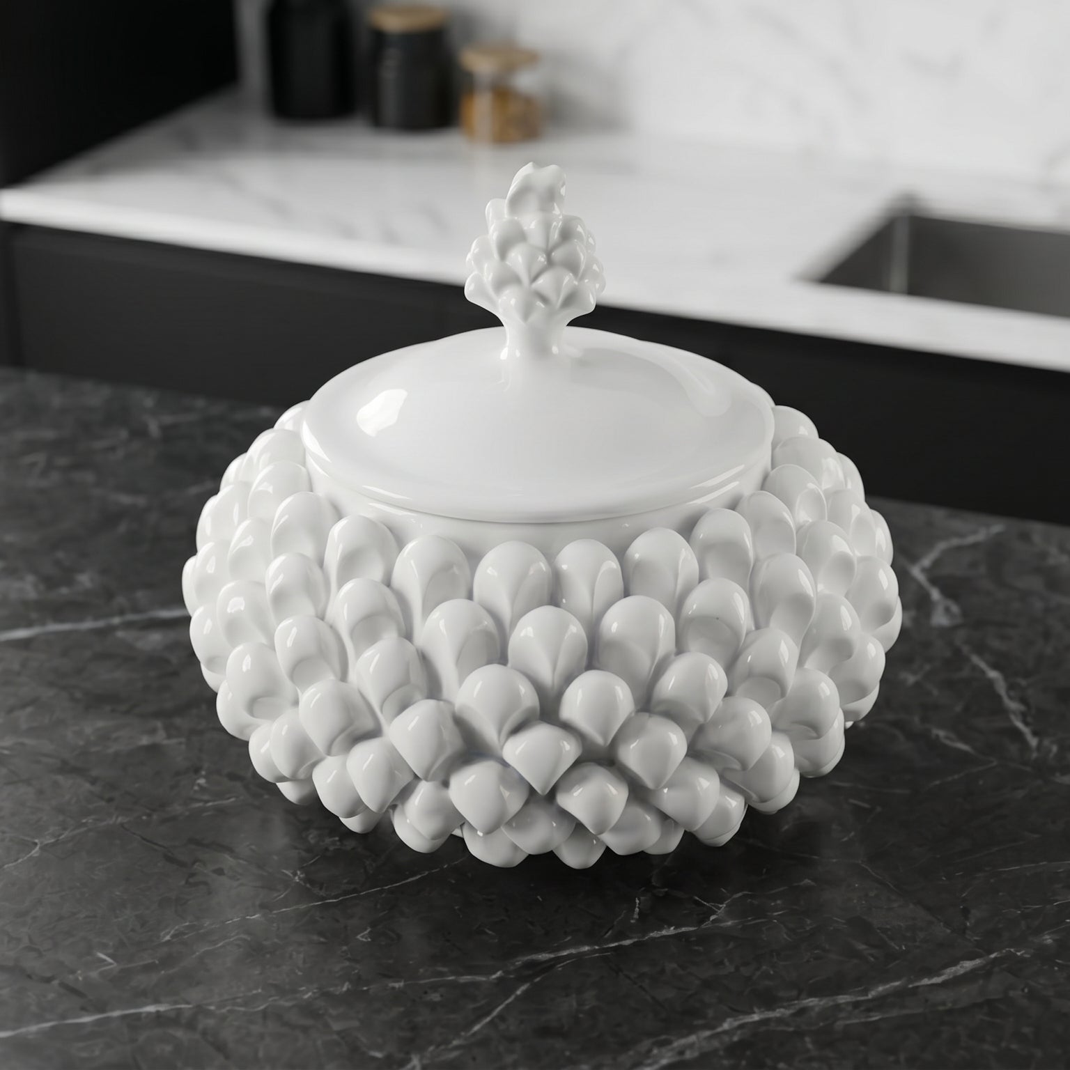 Sicilian Pine Cone Cookie Jar Ø 20 cm / Ø 7.9", White Line – Sicilian tradition from Caltagirone