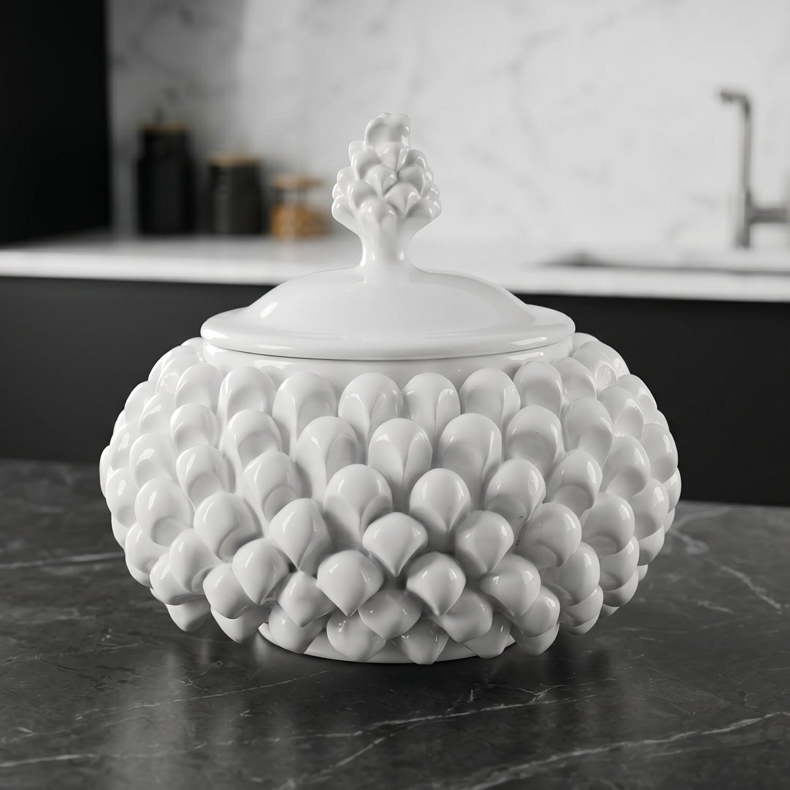 Sicilian Pine Cone Cookie Jar Ø 20 cm / Ø 7.9", White Line – Sicilian tradition from Caltagirone