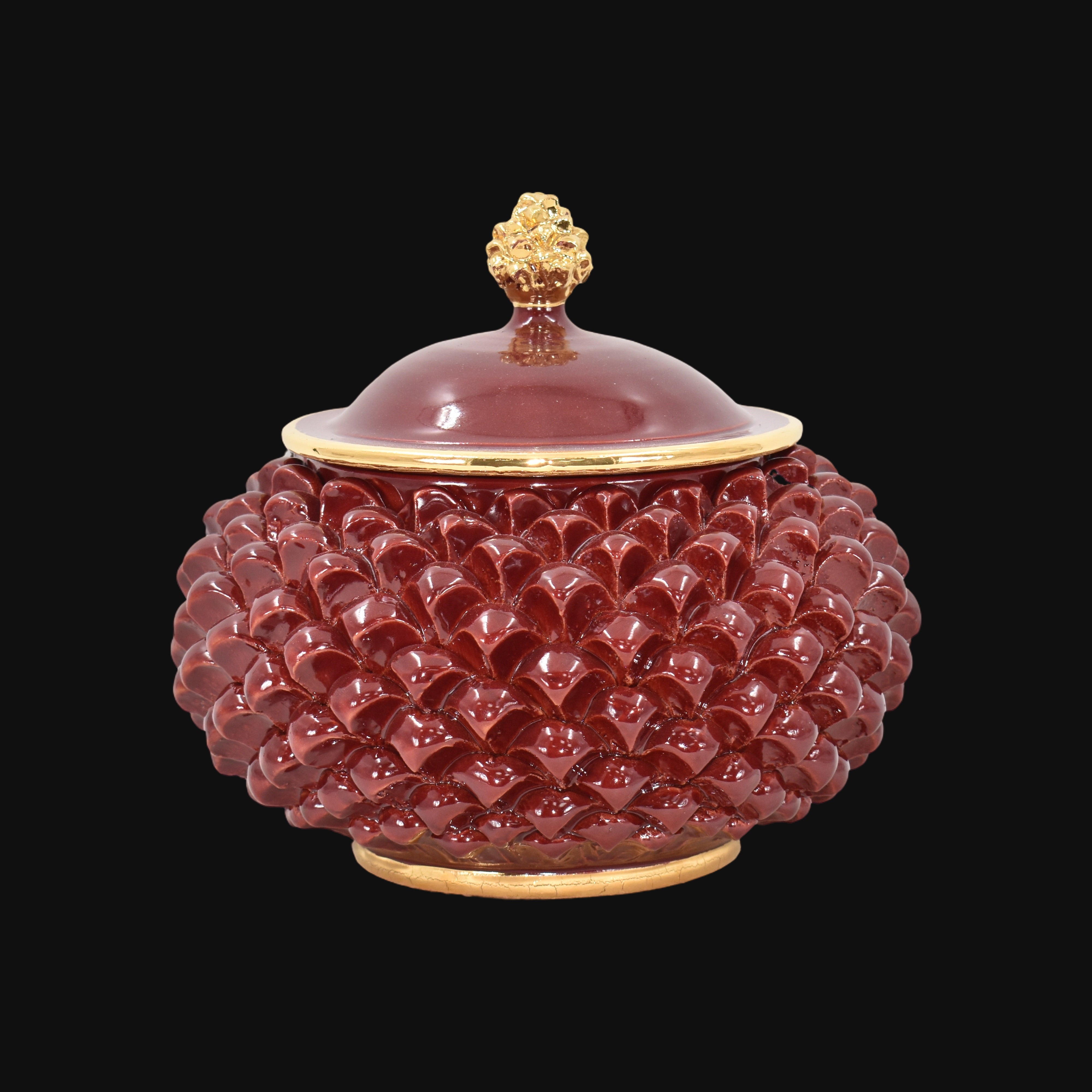 Caltagirone Ceramic Pine Cone Cookie Jar Ø 20 cm — Bordeaux and Gold