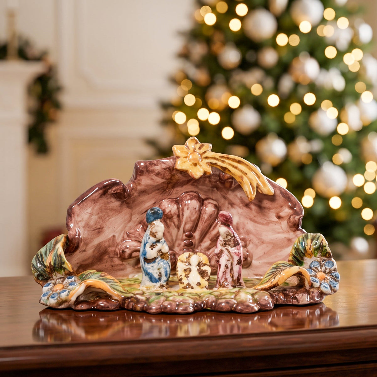 Sicilian Medium Nativity Scene 14×10 cm / 5½×4", Tricolore – Caltagirone Ceramic – Sicilian artisan tradition