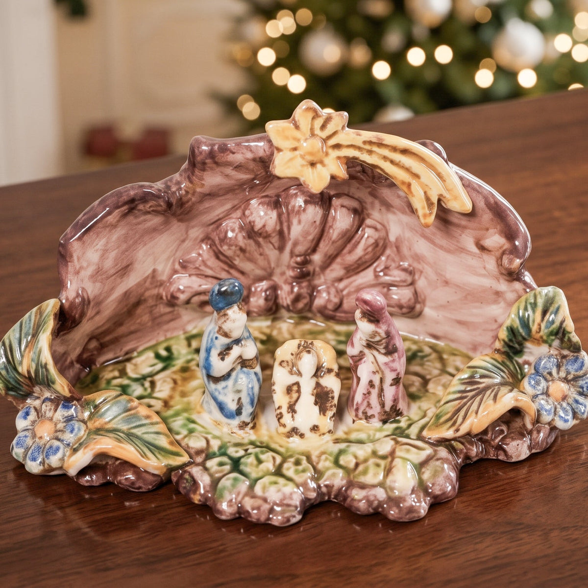 Sicilian Medium Nativity Scene 14×10 cm / 5½×4", Tricolore – Caltagirone Ceramic – Sicilian artisan tradition