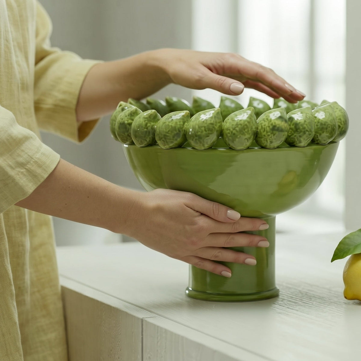 Alzata con Limoni Siciliani  - Verde foglia, Stile Moderno  | Ceramica Caltagirone