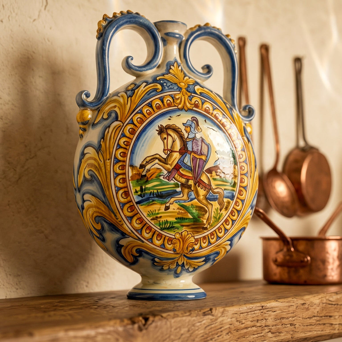 Sicilian Ring Fiasca Flask 23×32 cm / 9×12½", with Knight, Antique Reproductions – Sicilian majolica handcrafted in Caltagirone