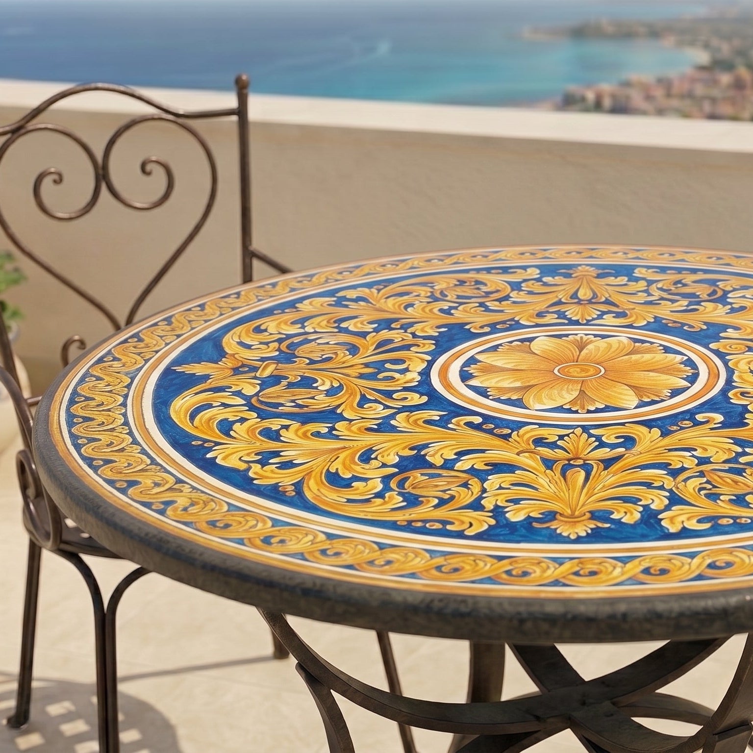 Sicilian Lava Stone Table, Blue Background – Italian ceramic from Caltagirone, Sicily