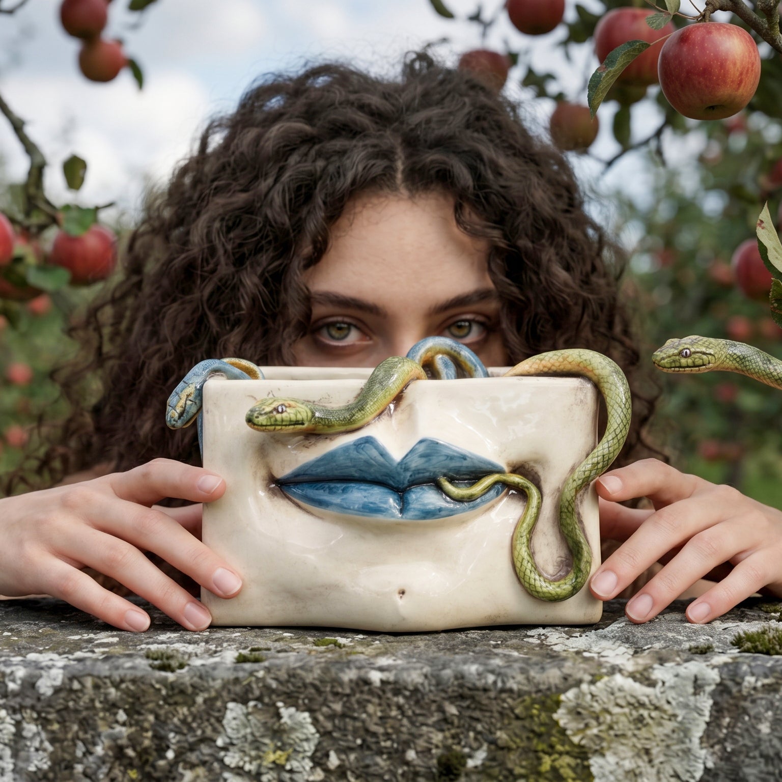 Caltagirone Ceramic Medusa Box — Blue Lips and Applied Snakes, Antique Mother of Pearl