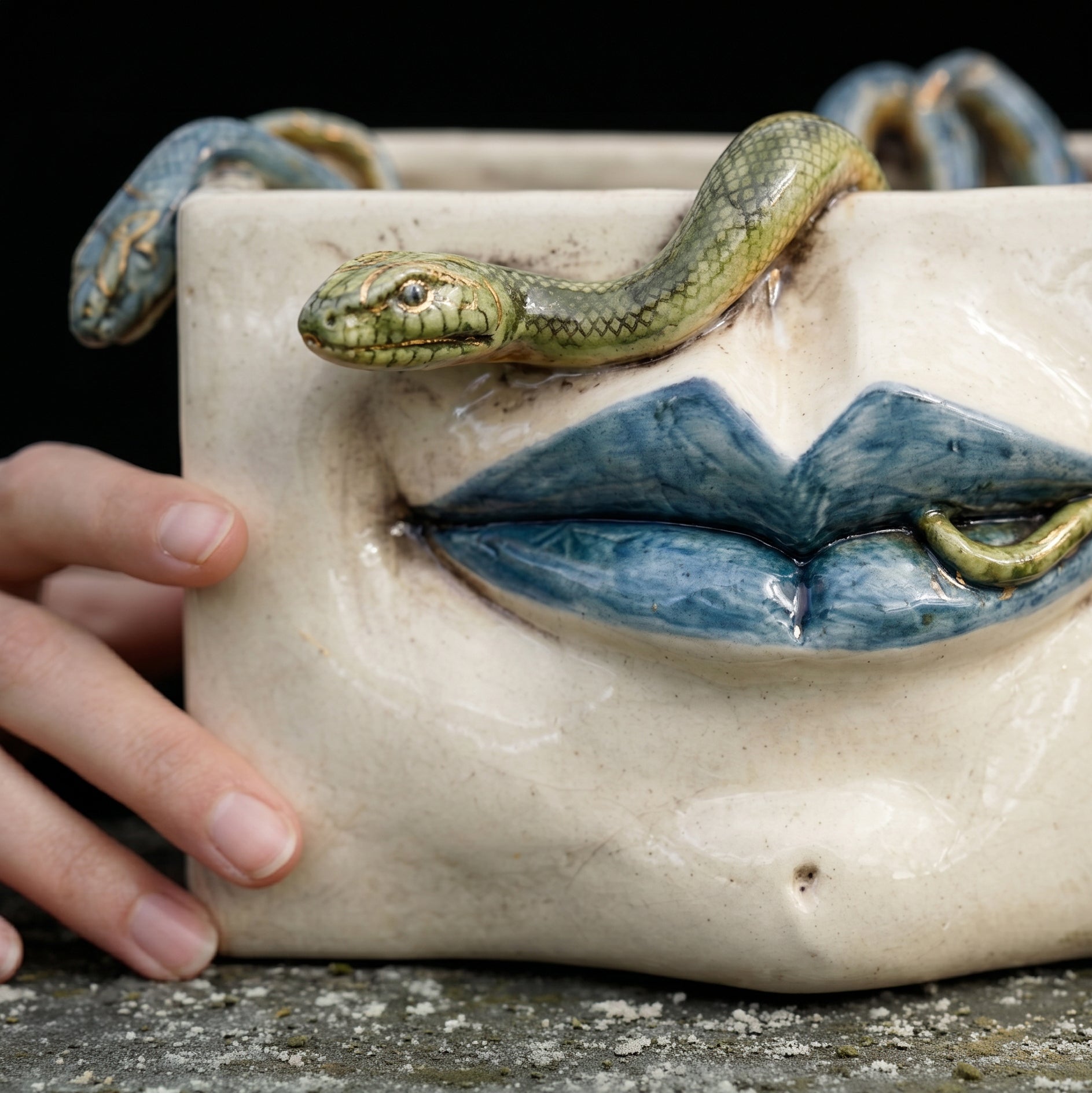 Caltagirone Ceramic Medusa Box — Blue Lips and Applied Snakes, Antique Mother of Pearl