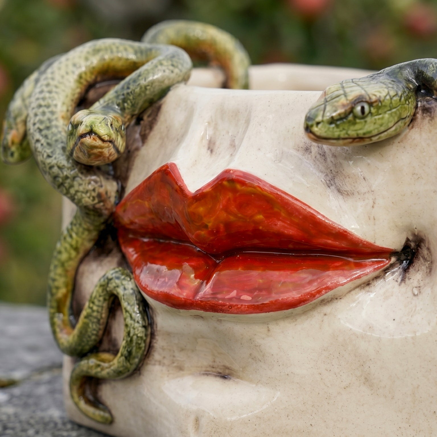Caltagirone Ceramic Medusa Box — Gold and Lustre Lips, Applied Snakes, Antique Mother of Pearl