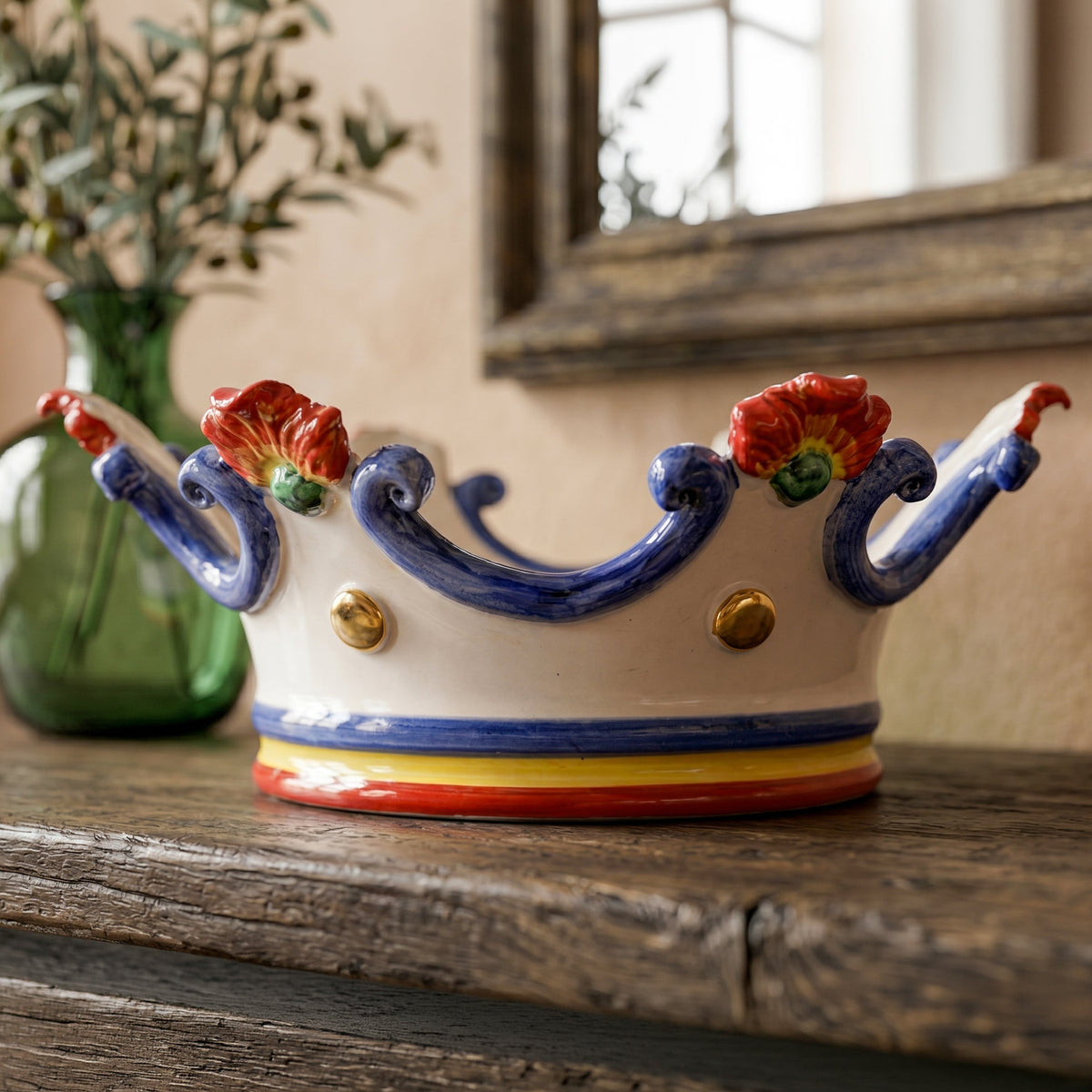 Crown Catch-All Tray in Caltagirone Ceramic — White and Color / Gold