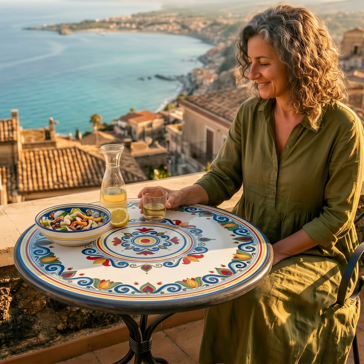 Sicilian Lava Stone Table, Decoro Sicily – Italian ceramic from Caltagirone, Sicily