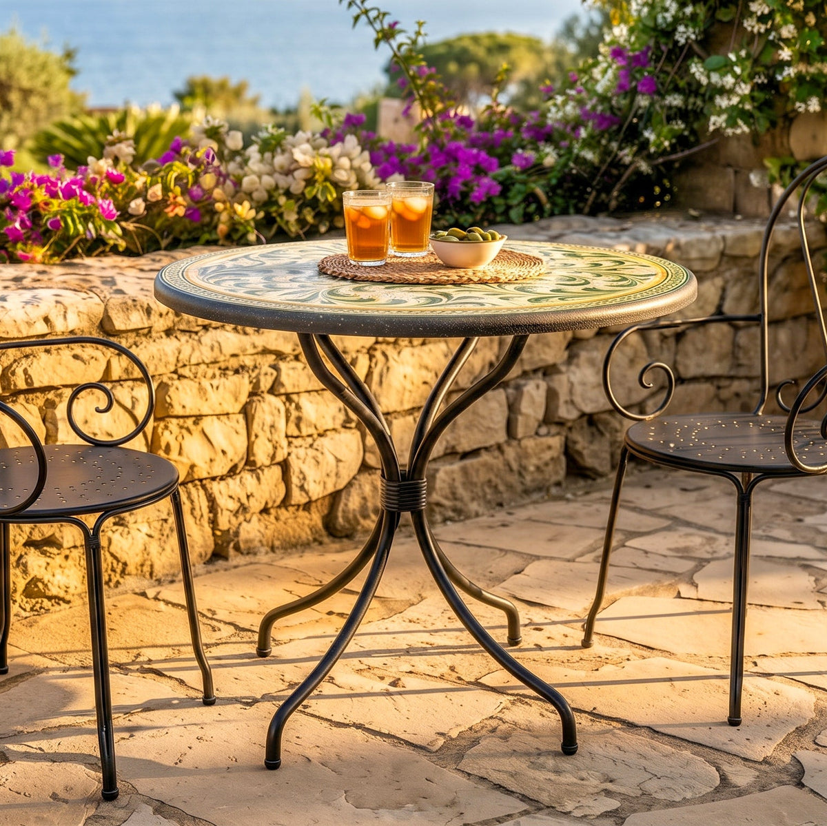 Sicilian Lava Stone Table, Green and Orange – Caltagirone Ceramic – Sicilian artisan tradition