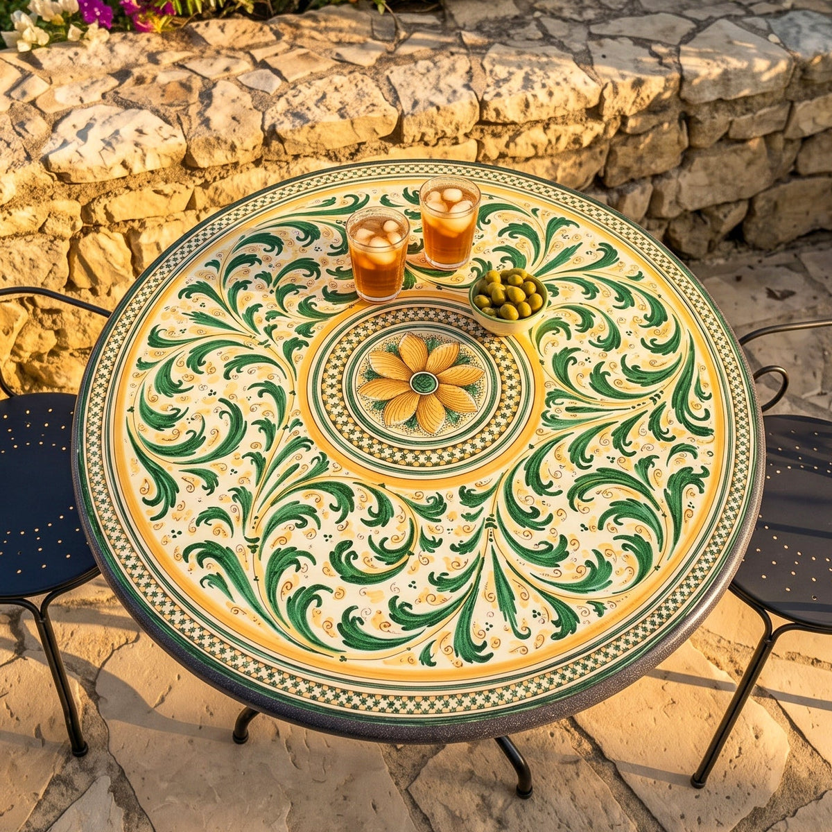 Sicilian Lava Stone Table, Green and Orange – Caltagirone Ceramic – Sicilian artisan tradition