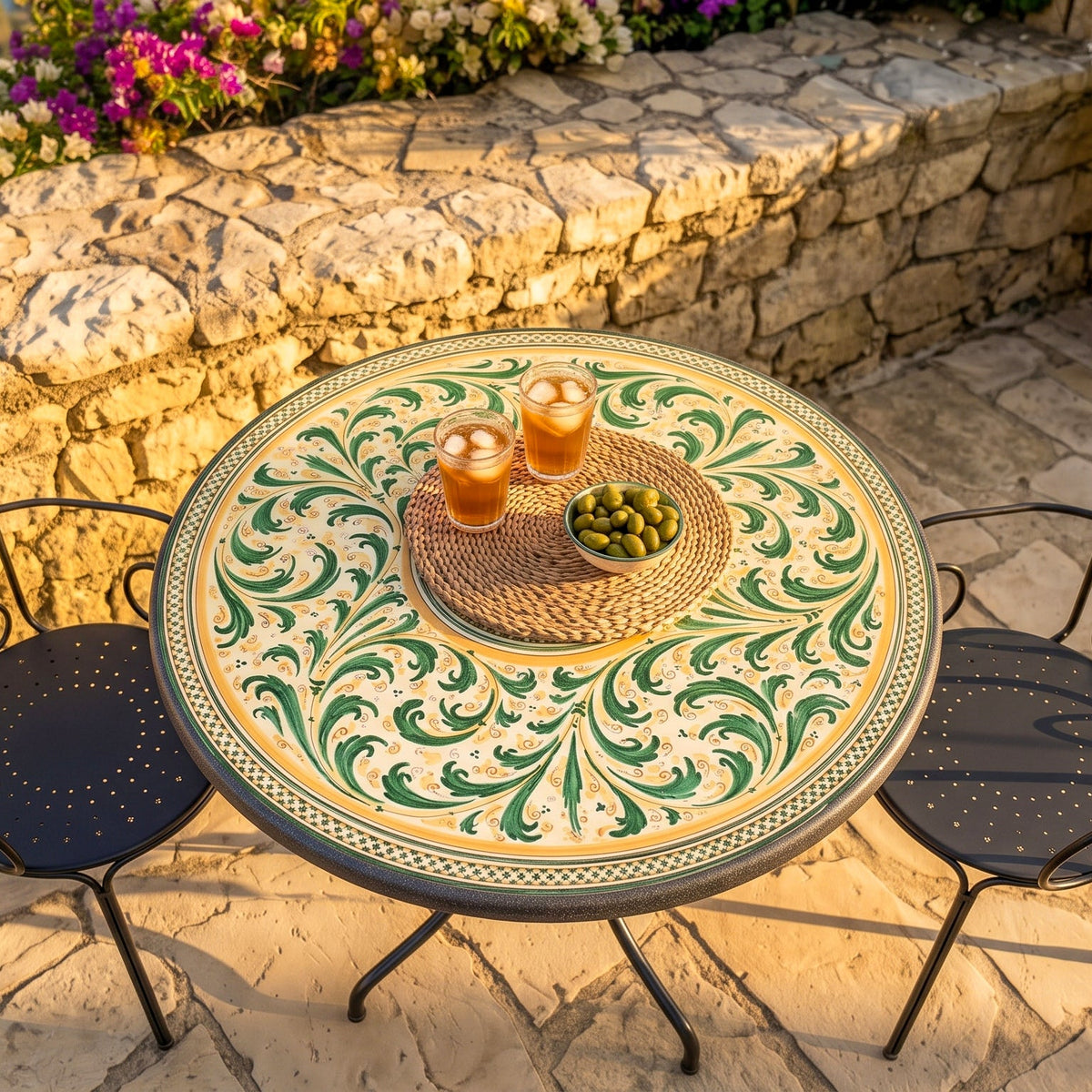 Sicilian Lava Stone Table, Green and Orange – Caltagirone Ceramic – Sicilian artisan tradition