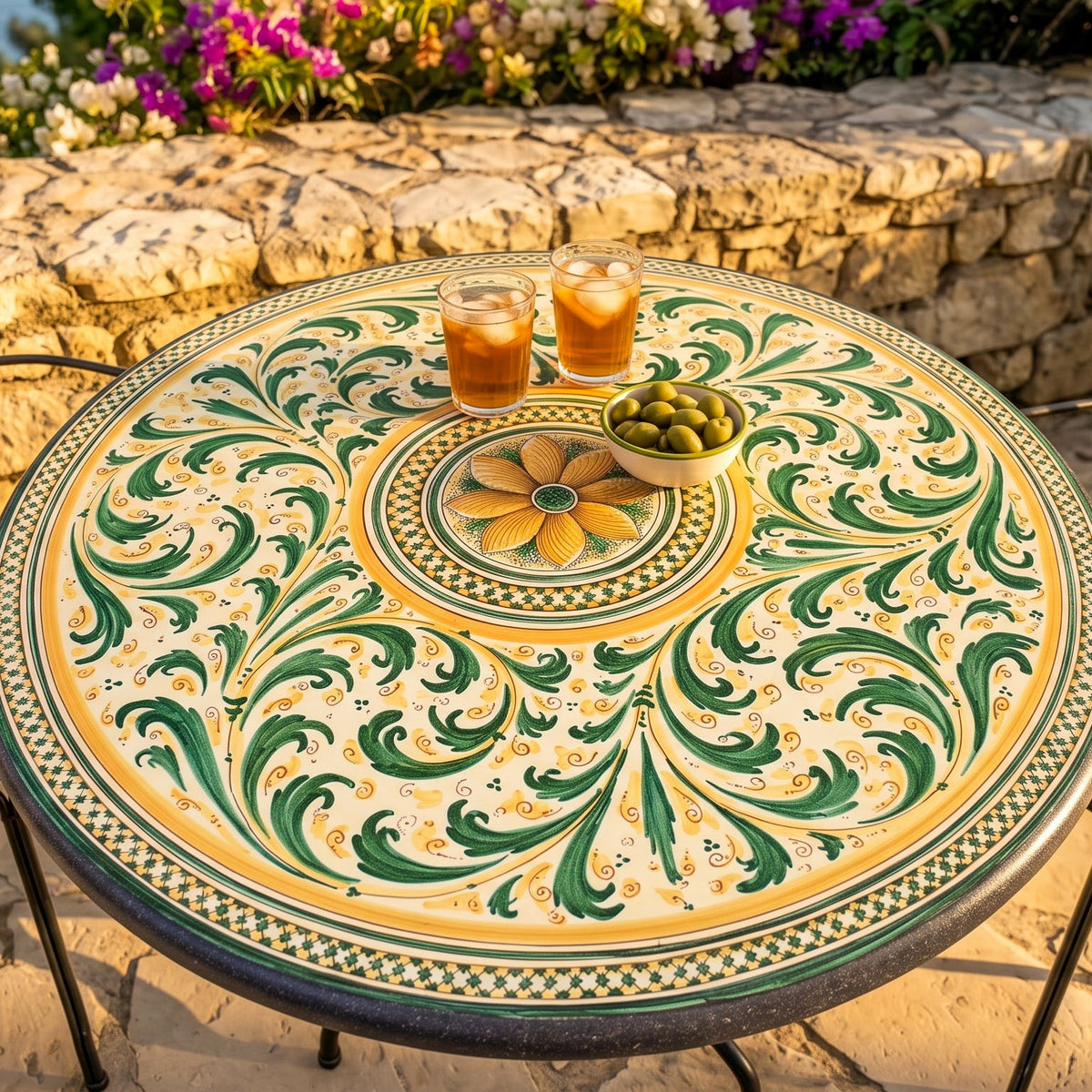 Sicilian Lava Stone Table, Green and Orange – Caltagirone Ceramic – Sicilian artisan tradition