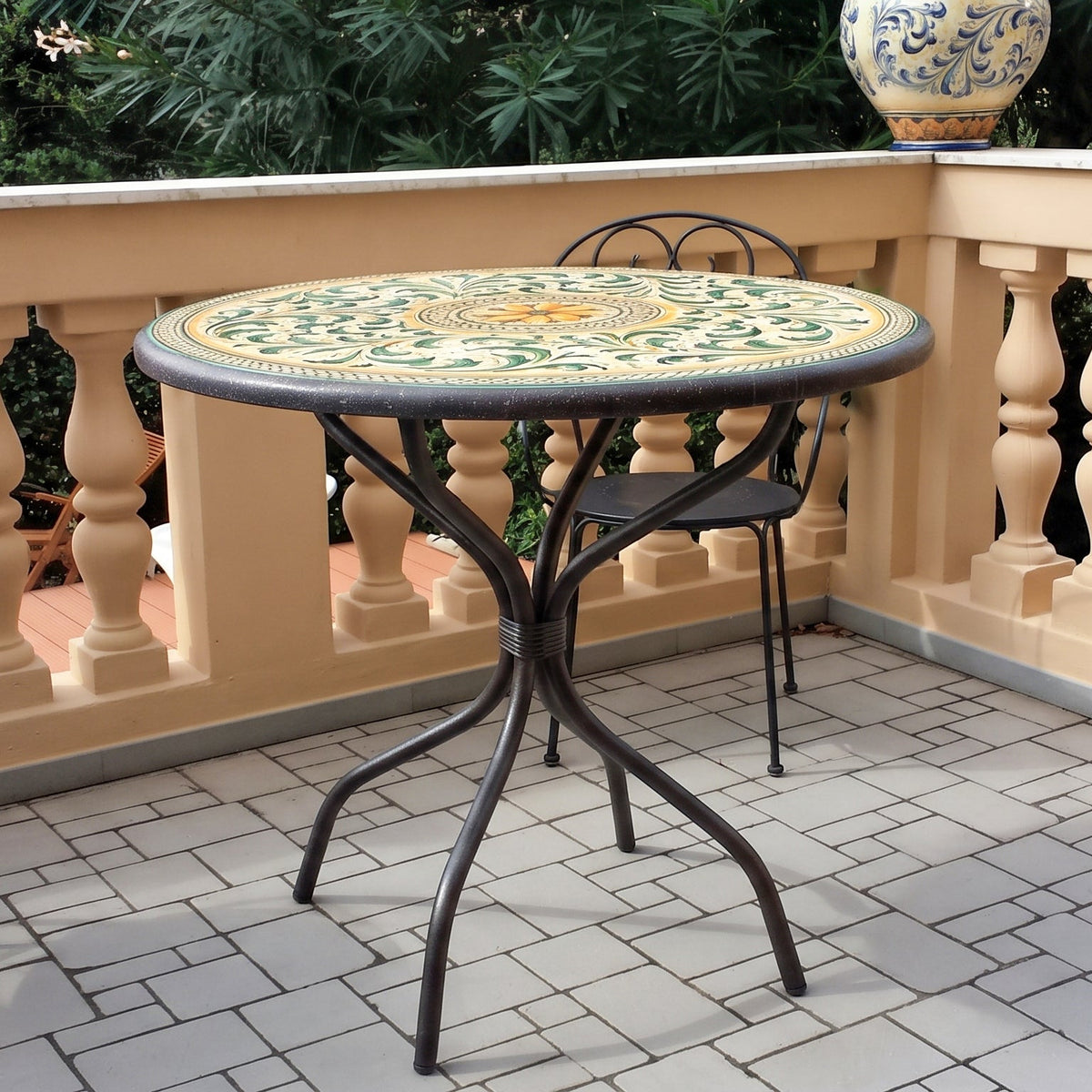 Sicilian Lava Stone Table, Green and Orange – Caltagirone Ceramic – Sicilian artisan tradition