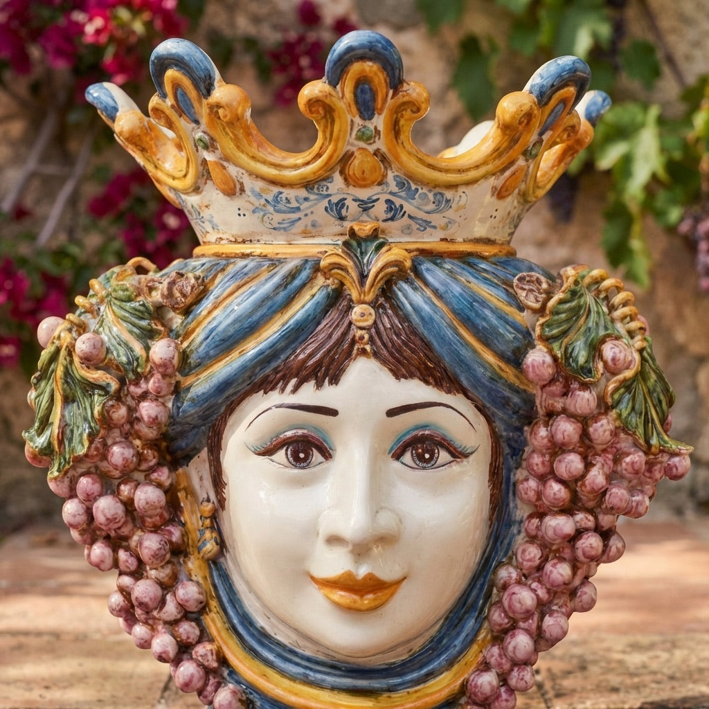 Ceramic Head with grapes h 40 blue/orange female