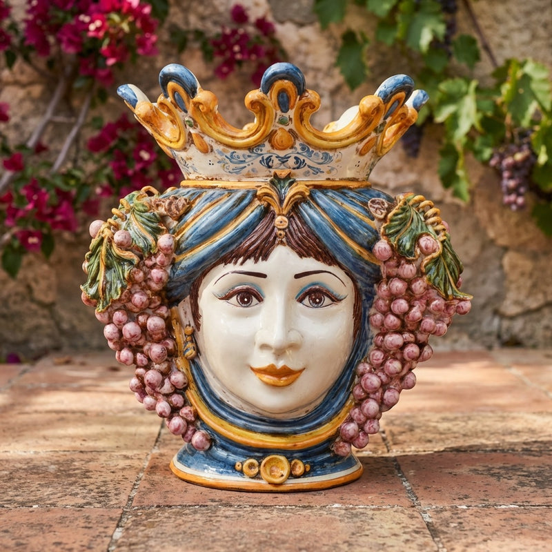Sicilian Moor's Head with Grapes H 40 cm / 15.7", Woman, Blue and Orange – Testa di Moro from Caltagirone, Sicily