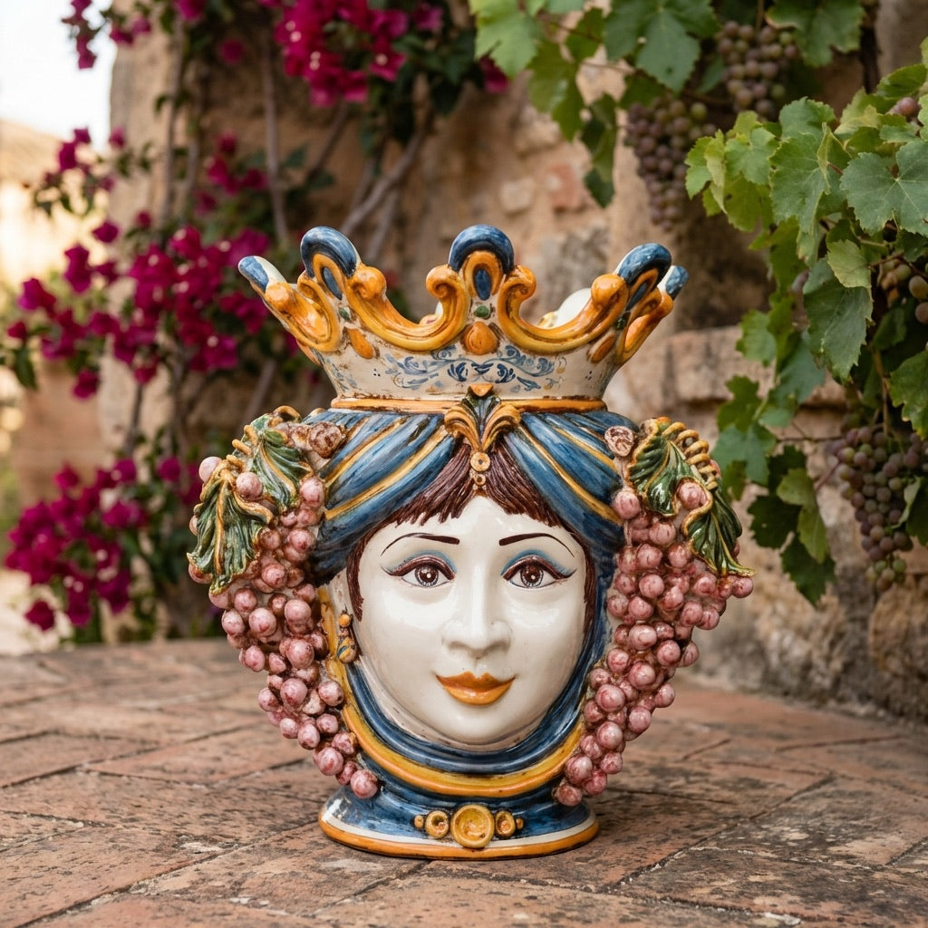 Ceramic Head with grapes h 40 blue/orange female